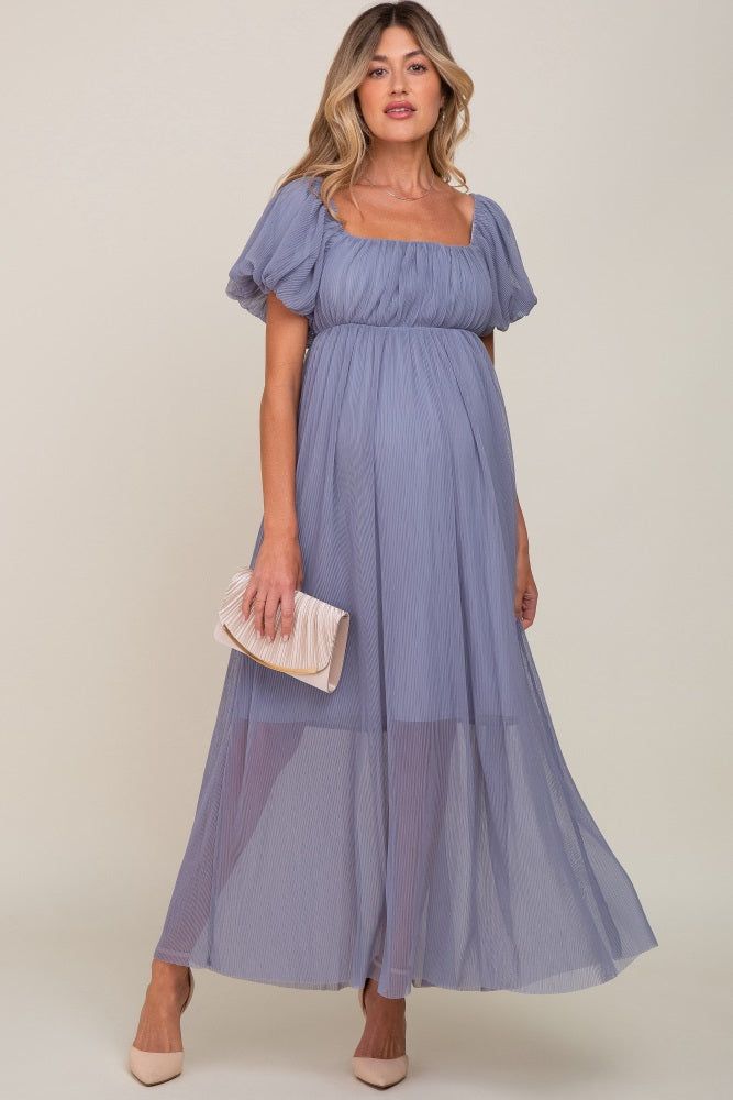 Blue Grey Pleated Puff Sleeve Matenrity Maxi Dress sold by Pinkblush