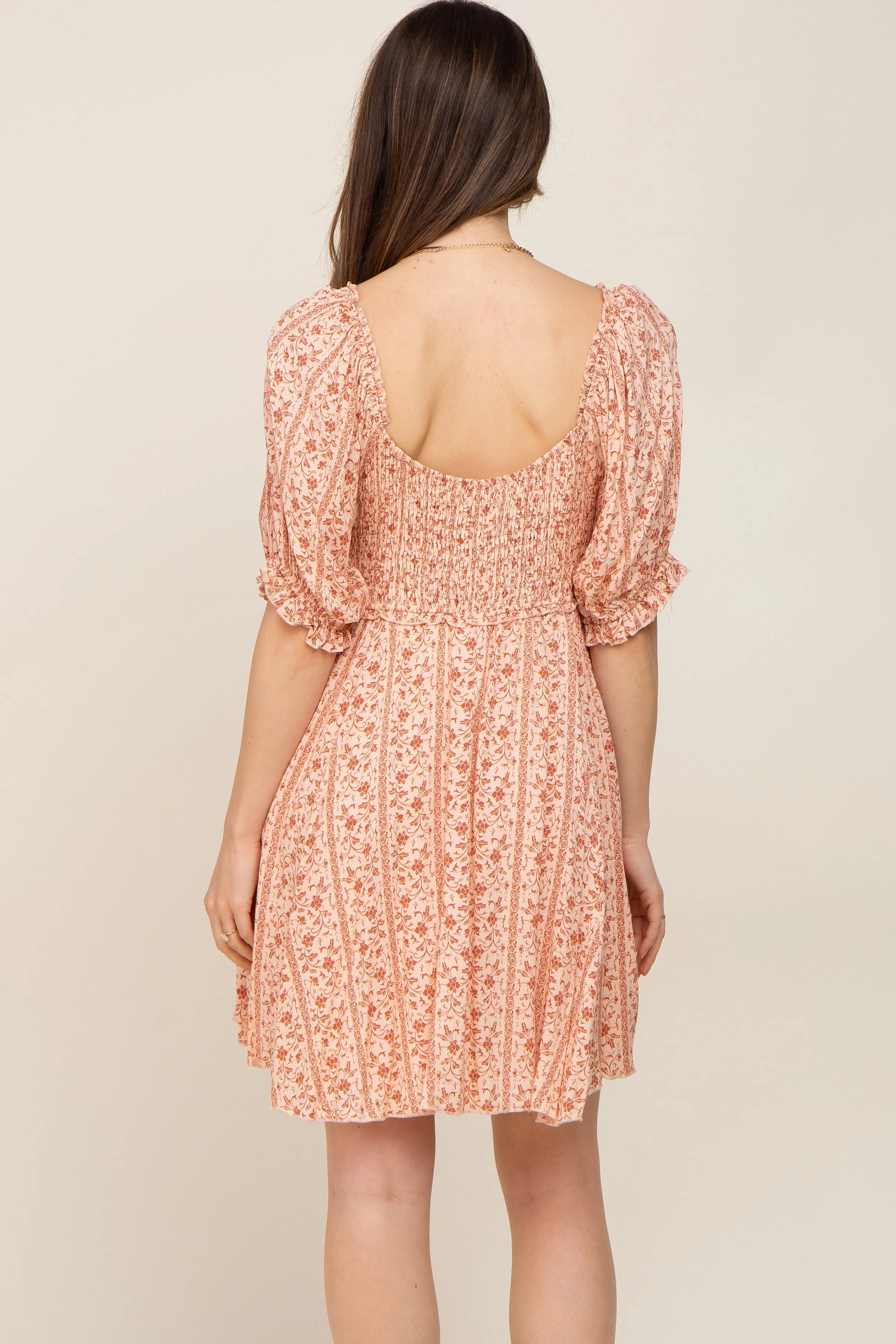Peach Floral Puff Sleeve Smocked Maternity Mini Dress sold by Pinkblush product image thumbnail 4