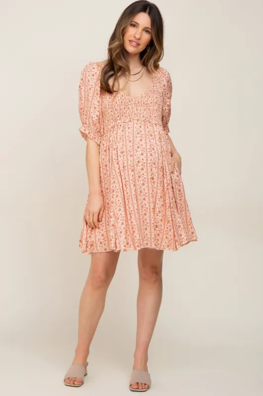 Peach Floral Puff Sleeve Smocked Maternity Mini Dress sold by Pinkblush
