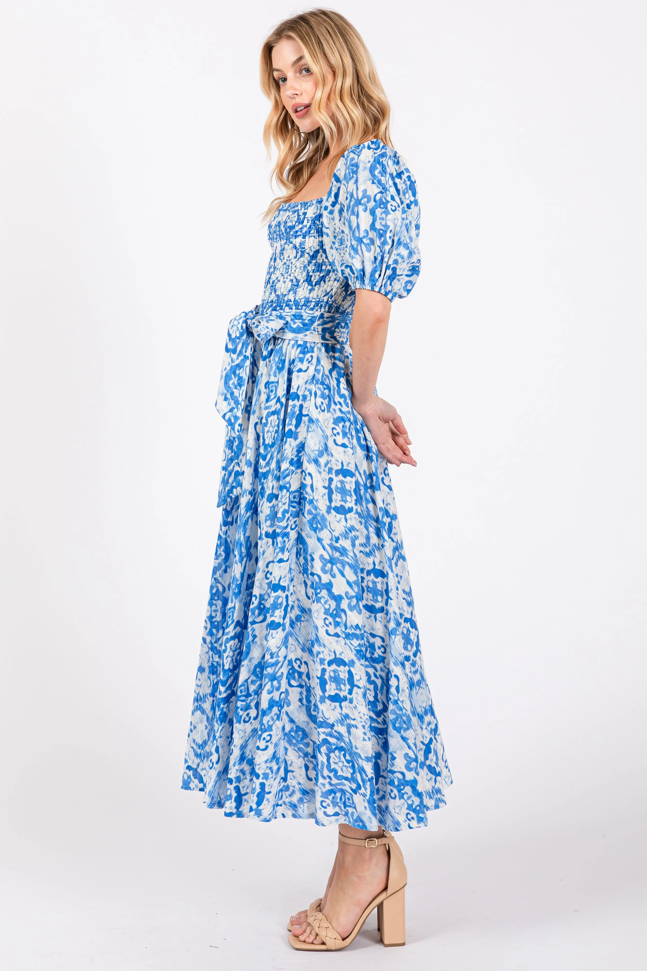 Blue Floral Smocked Short Puff Sleeve Midi Dress sold by Pinkblush product image thumbnail 2