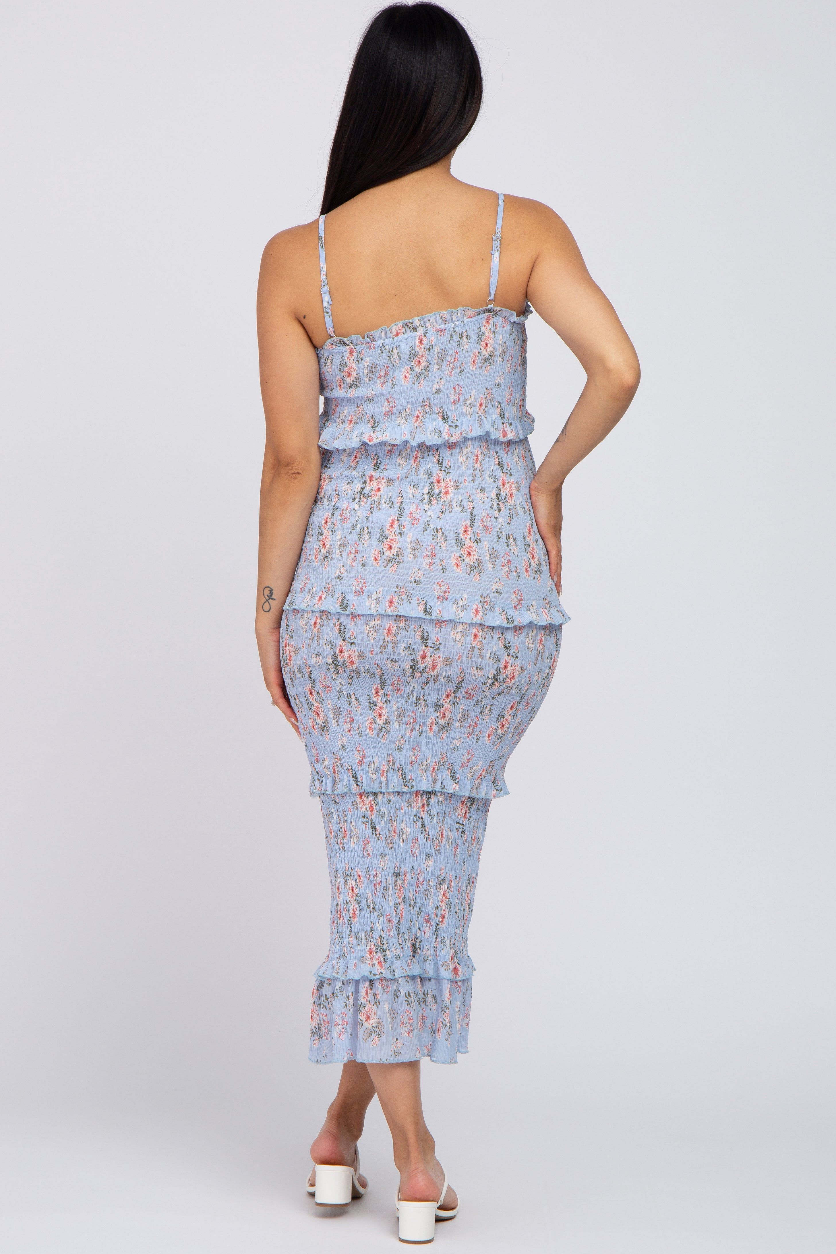 Light Blue Floral Smocked Fitted Maternity Midi Dress sold by Pinkblush product image thumbnail 3