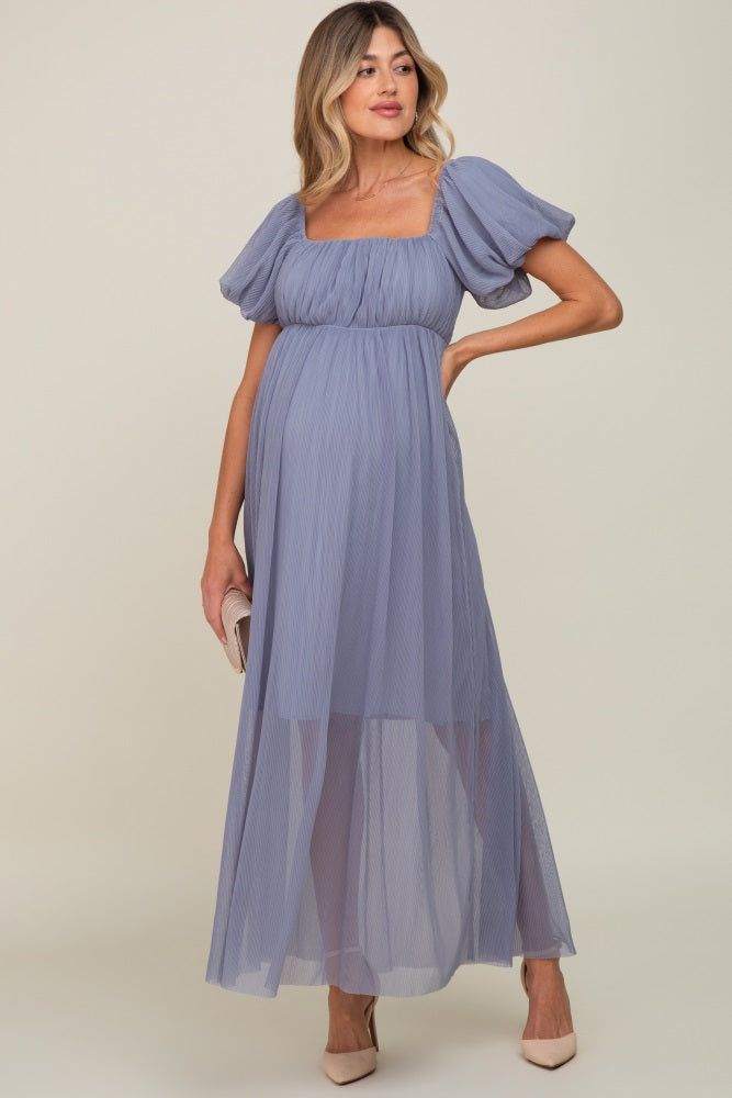 Blue Grey Pleated Puff Sleeve Matenrity Maxi Dress sold by Pinkblush product image thumbnail 5