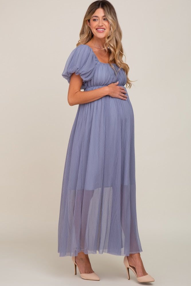 Blue Grey Pleated Puff Sleeve Matenrity Maxi Dress sold by Pinkblush product image thumbnail 2