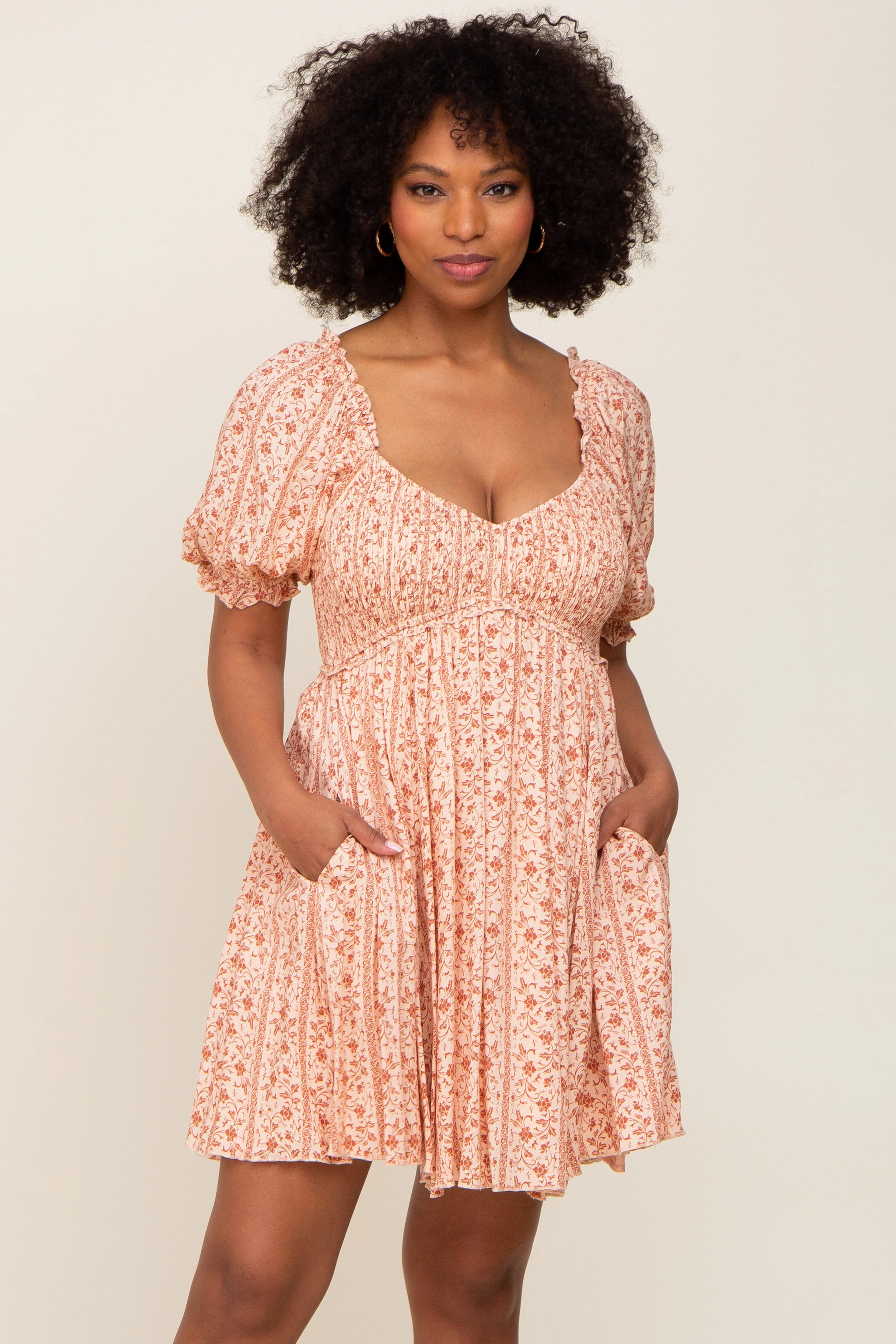 Peach Floral Puff Sleeve Smocked Maternity Mini Dress sold by Pinkblush product image thumbnail 5