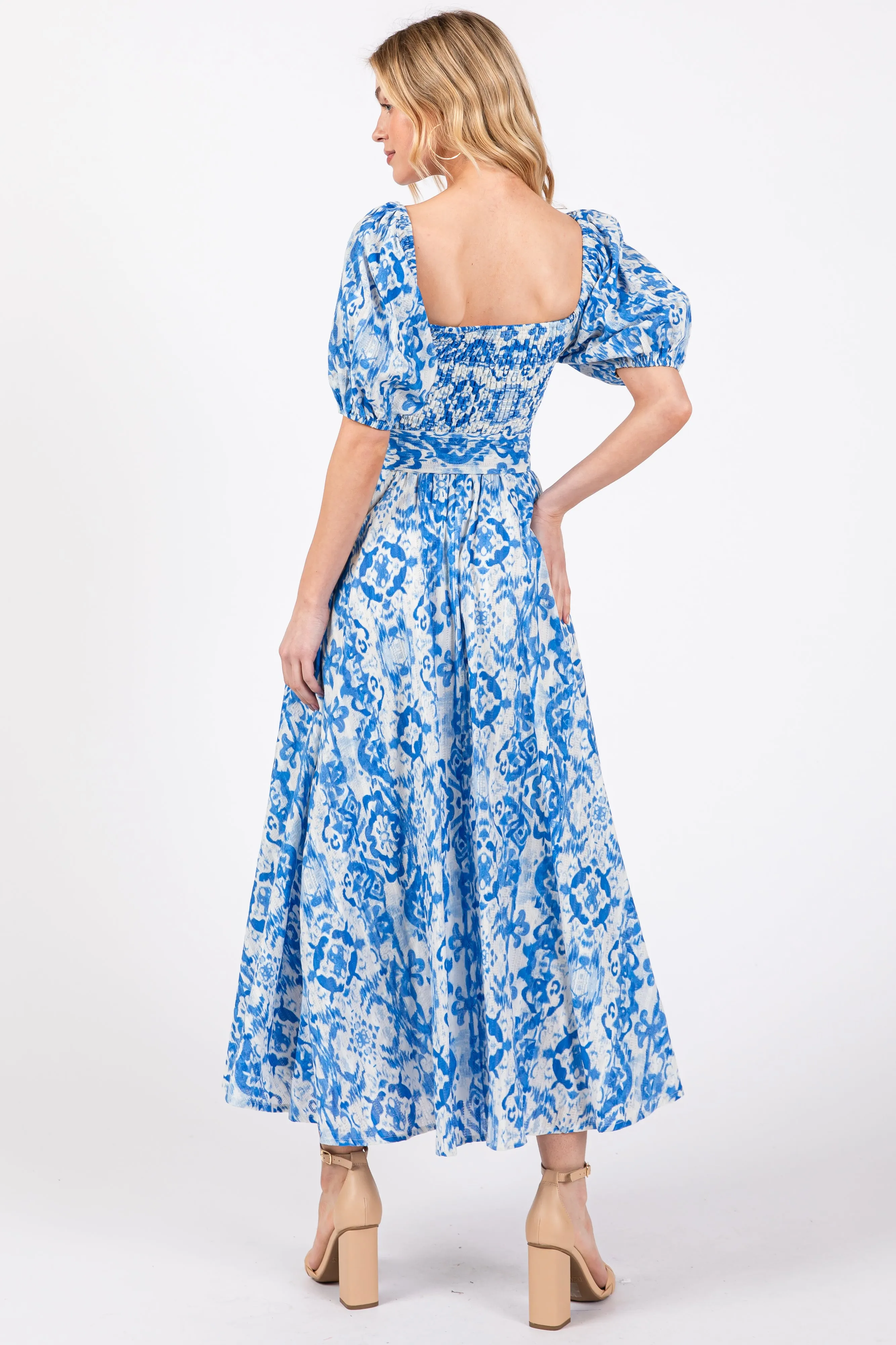 Blue Floral Smocked Short Puff Sleeve Midi Dress sold by Pinkblush product image thumbnail 3