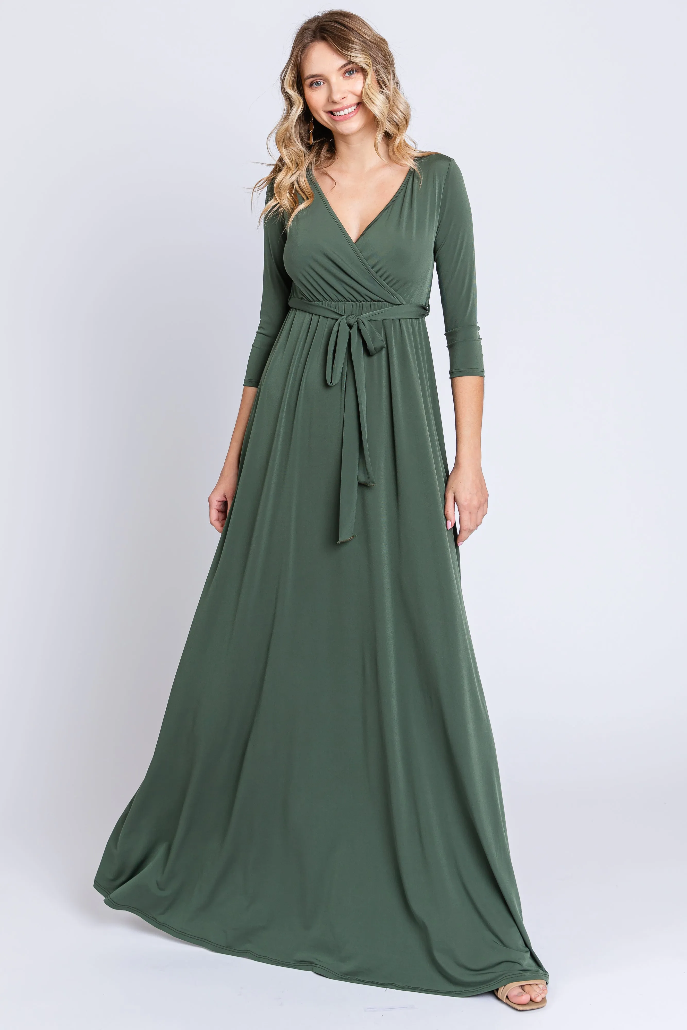 PinkBlush Light Olive Draped 3/4 Sleeve Maternity Maxi Dress sold by Pinkblush product image thumbnail 4