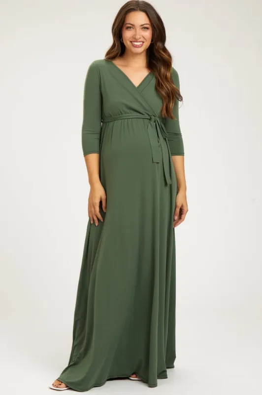 PinkBlush Light Olive Draped 3/4 Sleeve Maternity Maxi Dress sold by Pinkblush
