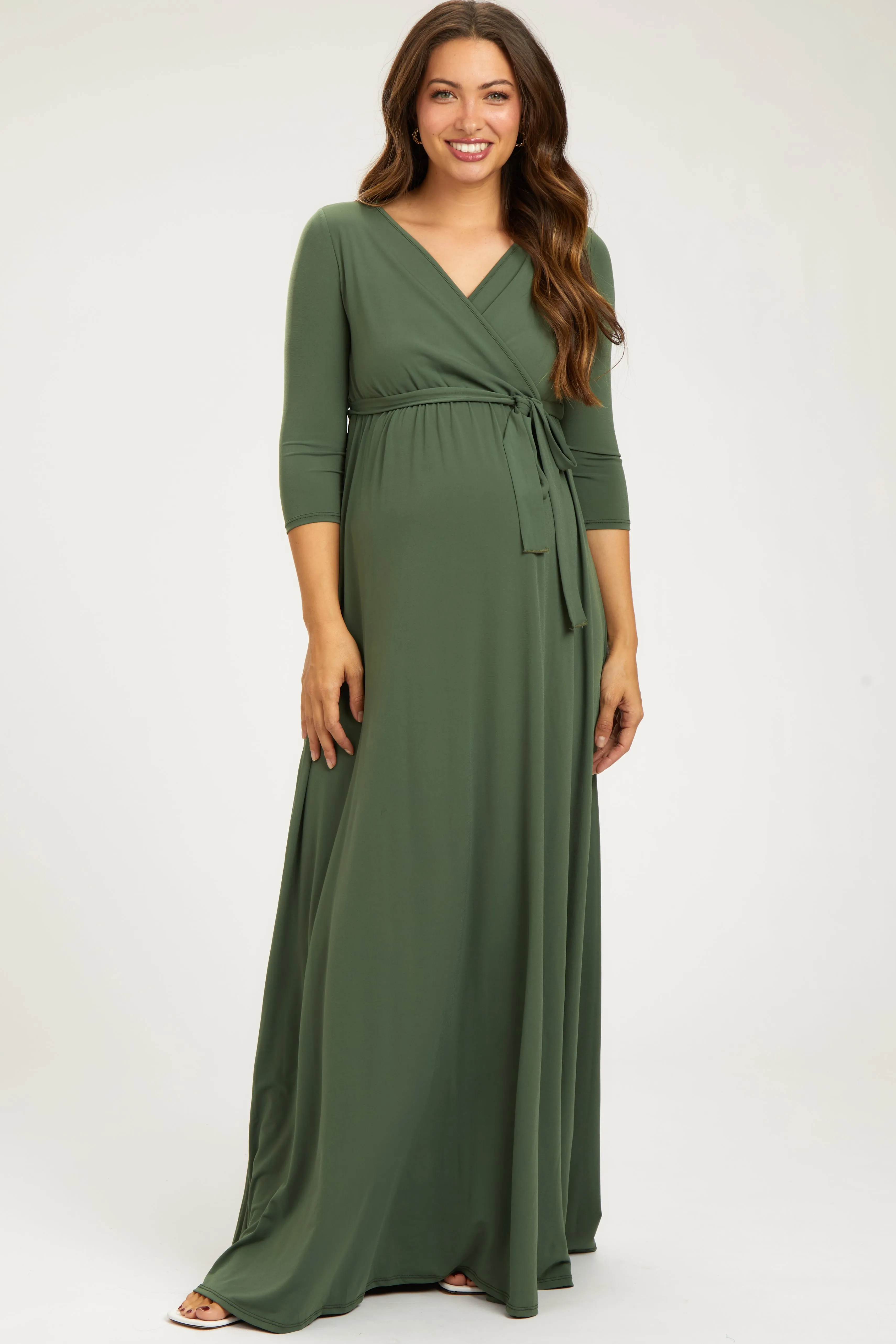PinkBlush Light Olive Draped 3/4 Sleeve Maternity Maxi Dress sold by Pinkblush