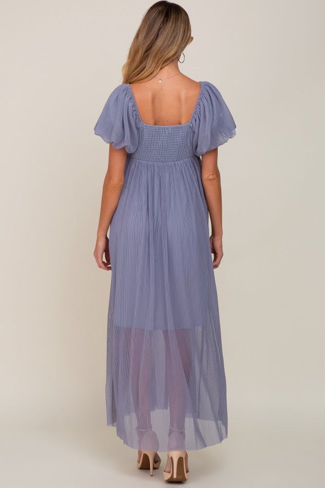 Blue Grey Pleated Puff Sleeve Matenrity Maxi Dress sold by Pinkblush product image thumbnail 3