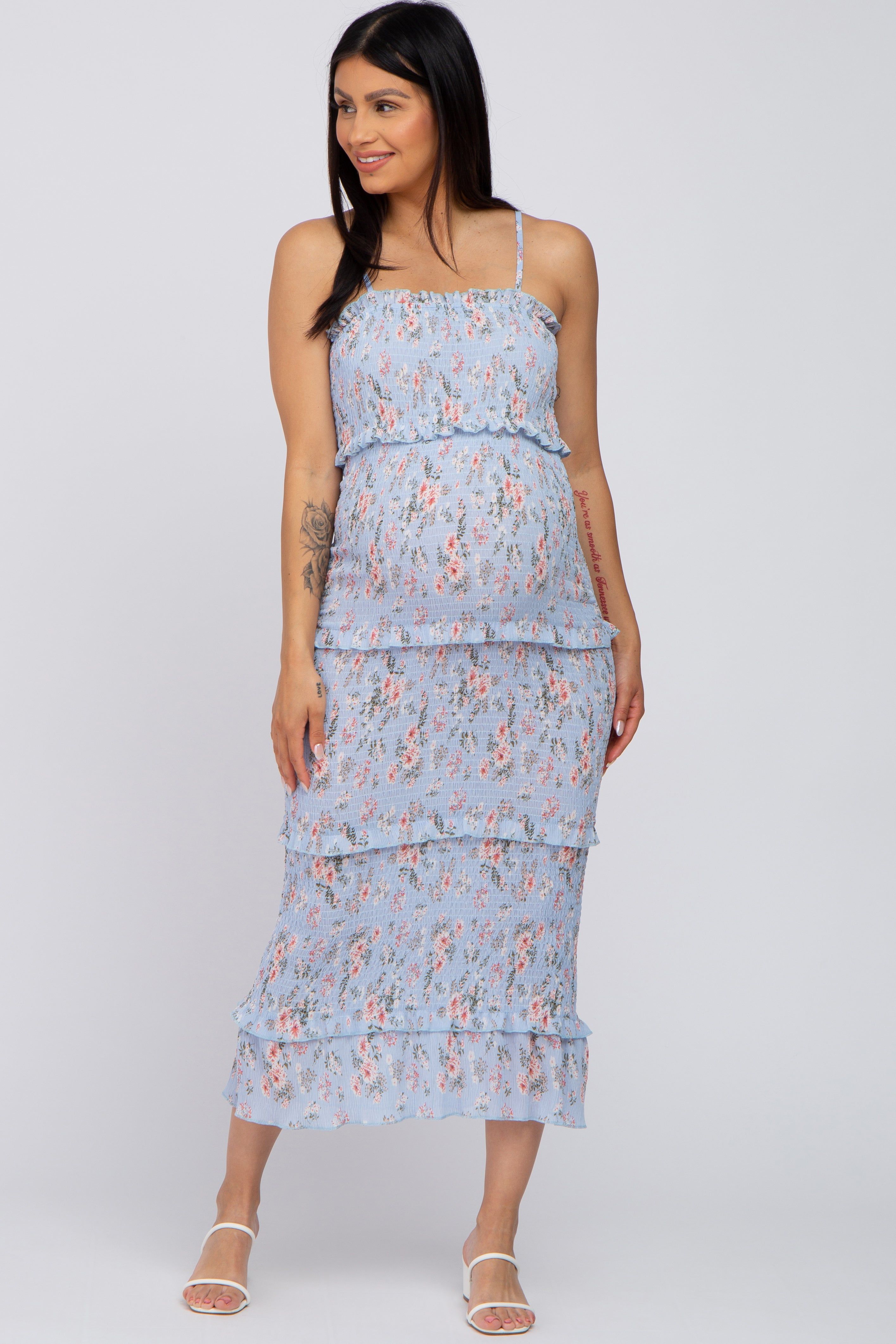 Light Blue Floral Smocked Fitted Maternity Midi Dress sold by Pinkblush product image thumbnail 5