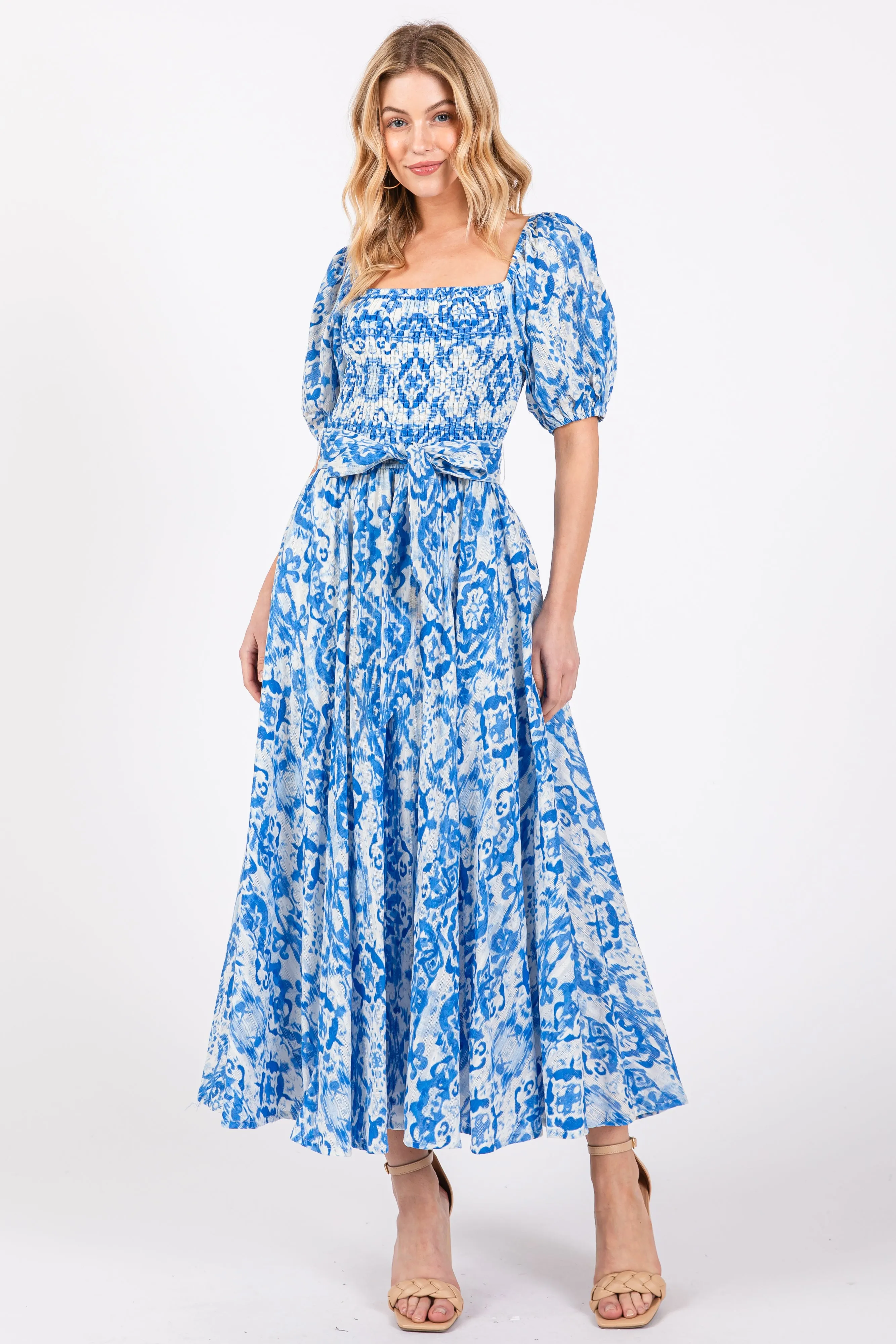 Blue Floral Smocked Short Puff Sleeve Midi Dress sold by Pinkblush