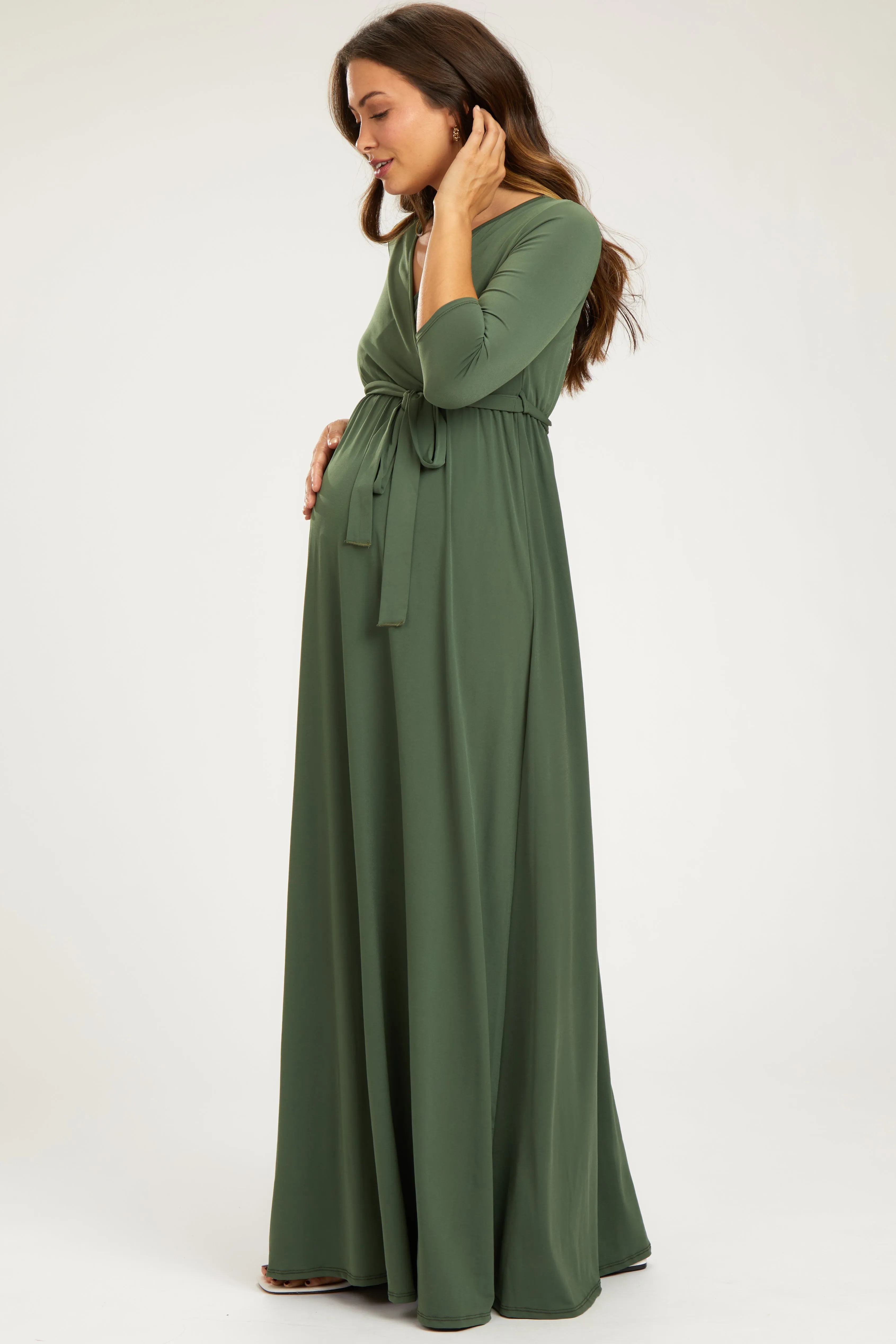 PinkBlush Light Olive Draped 3/4 Sleeve Maternity Maxi Dress sold by Pinkblush product image thumbnail 2