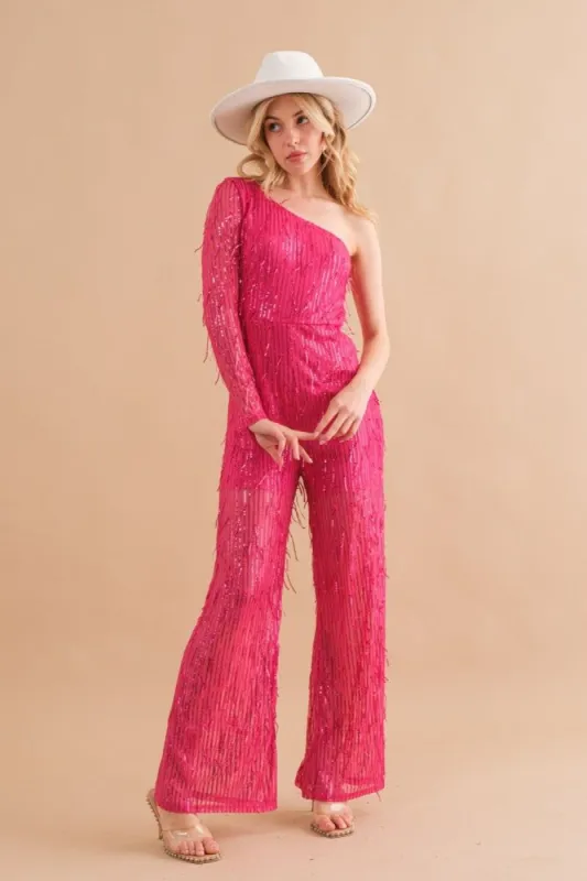 Hot Pink Sequin Fringe One Shoulder Jumpsuit sold by Pinkblush