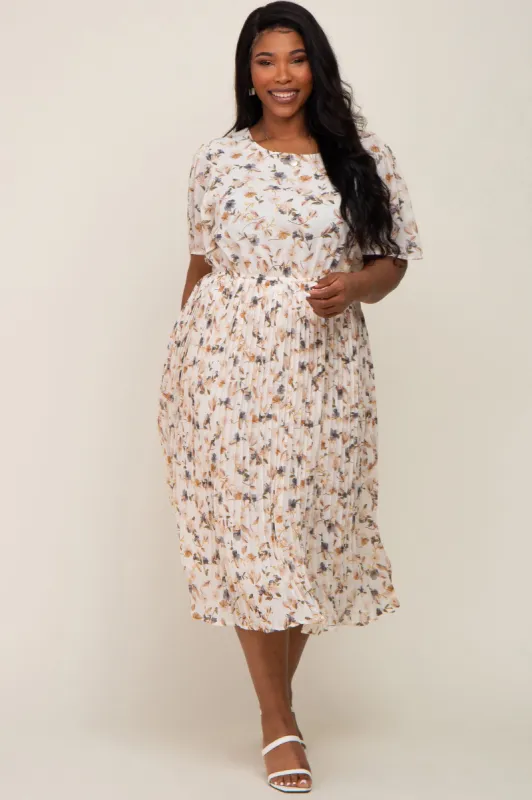 Ivory Floral Chiffon Pleated Short Sleeve Maternity Plus Midi Dress sold by Pinkblush