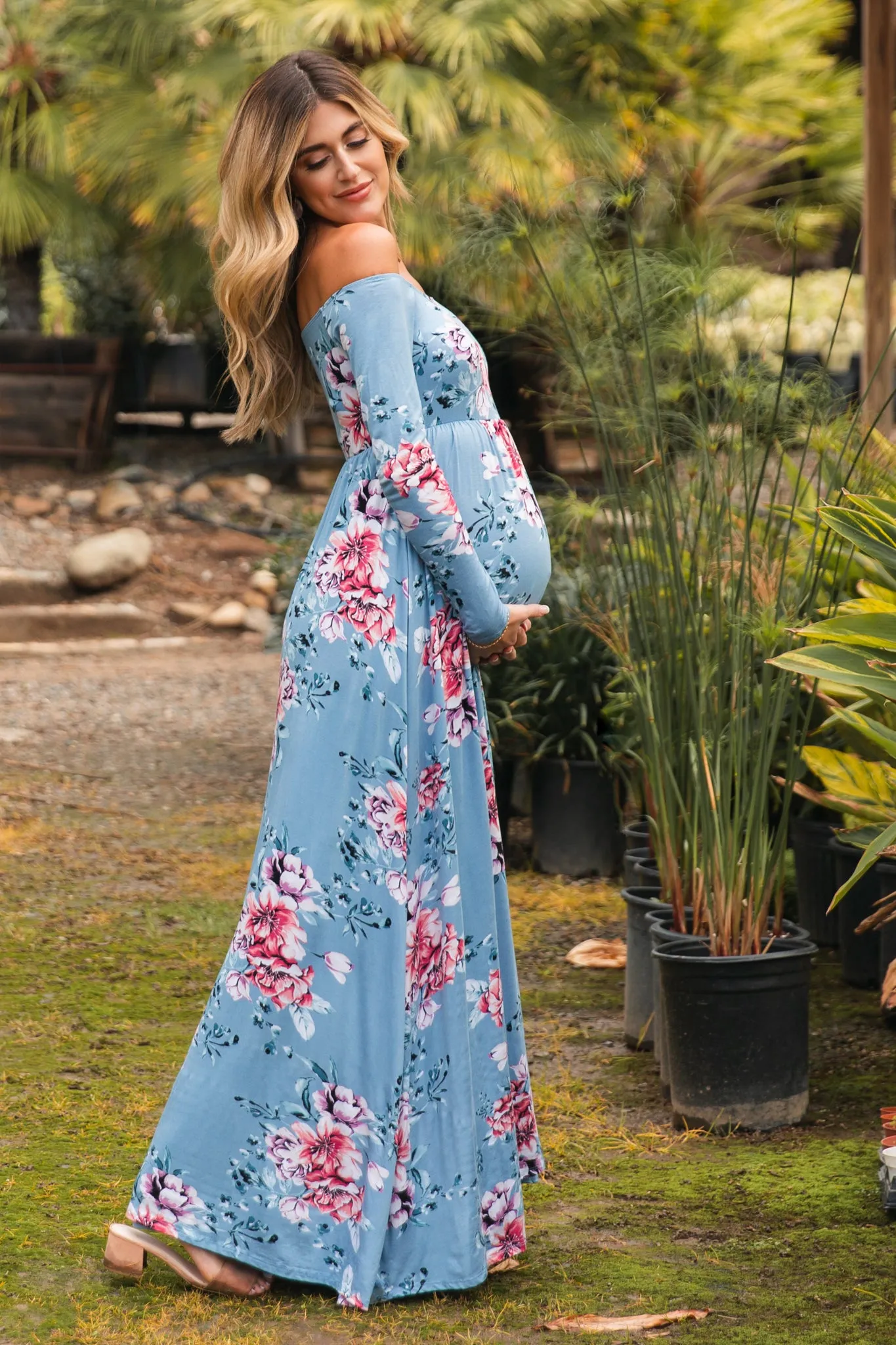 PinkBlush Light Blue Floral Off Shoulder Maternity Maxi Dress sold by Pinkblush product image thumbnail 4