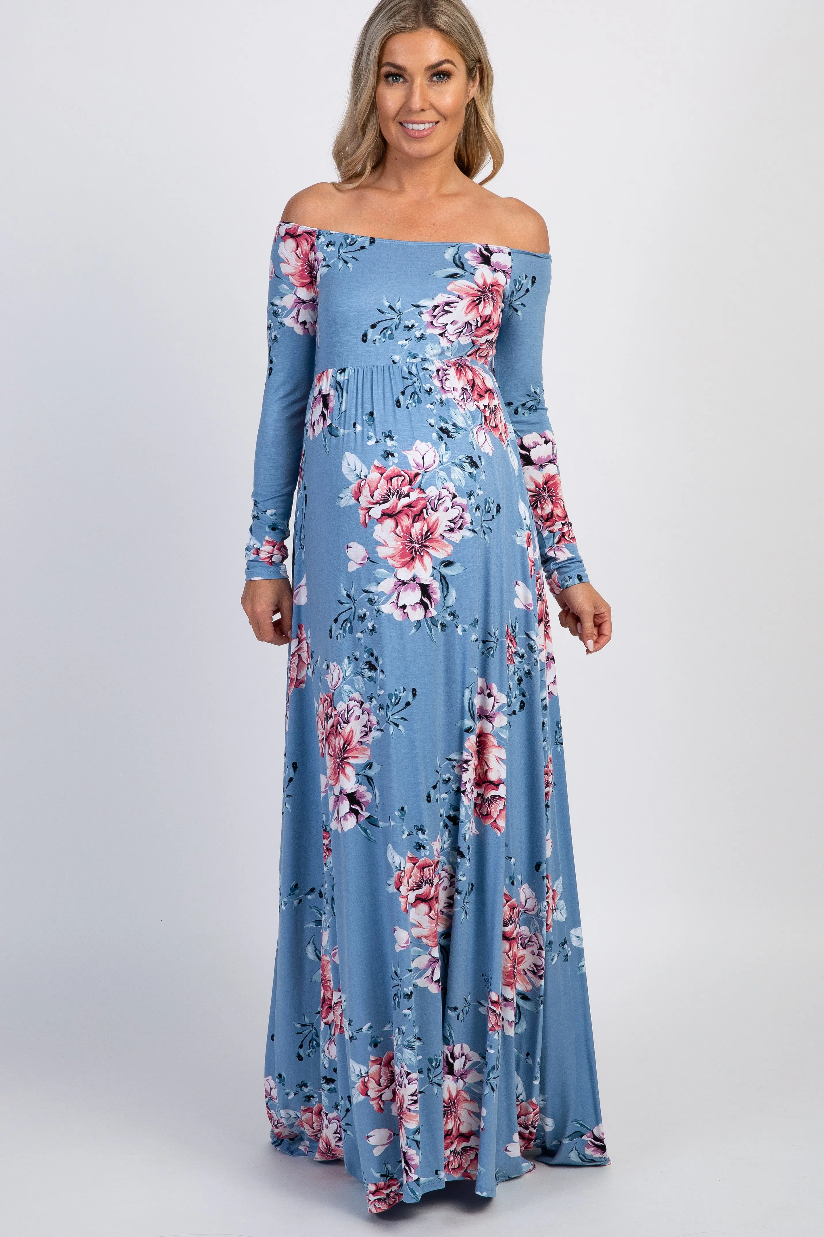 PinkBlush Light Blue Floral Off Shoulder Maternity Maxi Dress sold by Pinkblush