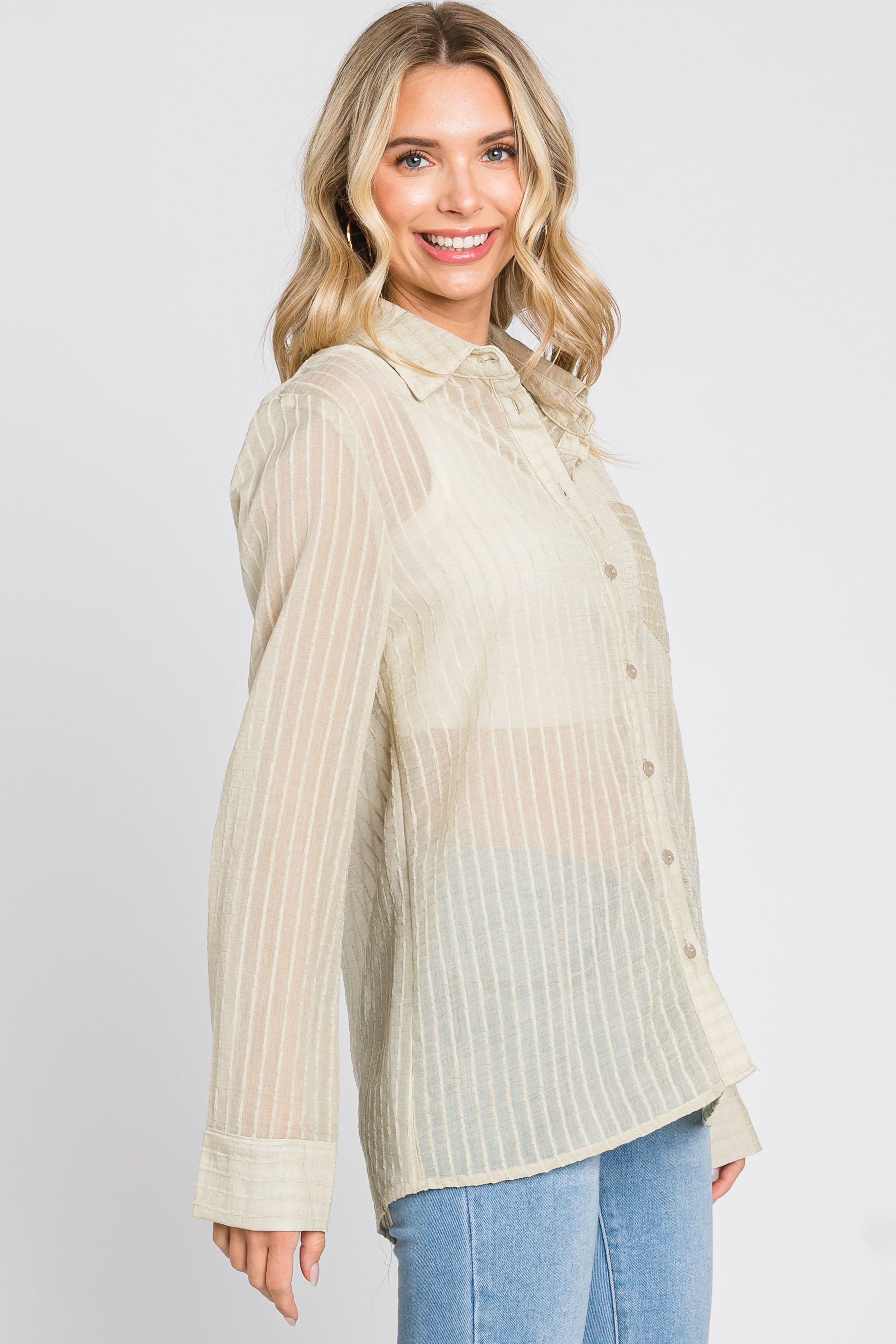 Light Olive Textured Stripe Collared Button-Down Long Sleeve Top sold by Pinkblush product image thumbnail 5