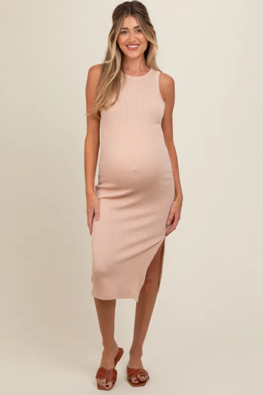 Beige Sleeveless Ribbed Maternity Midi Dress sold by Pinkblush
