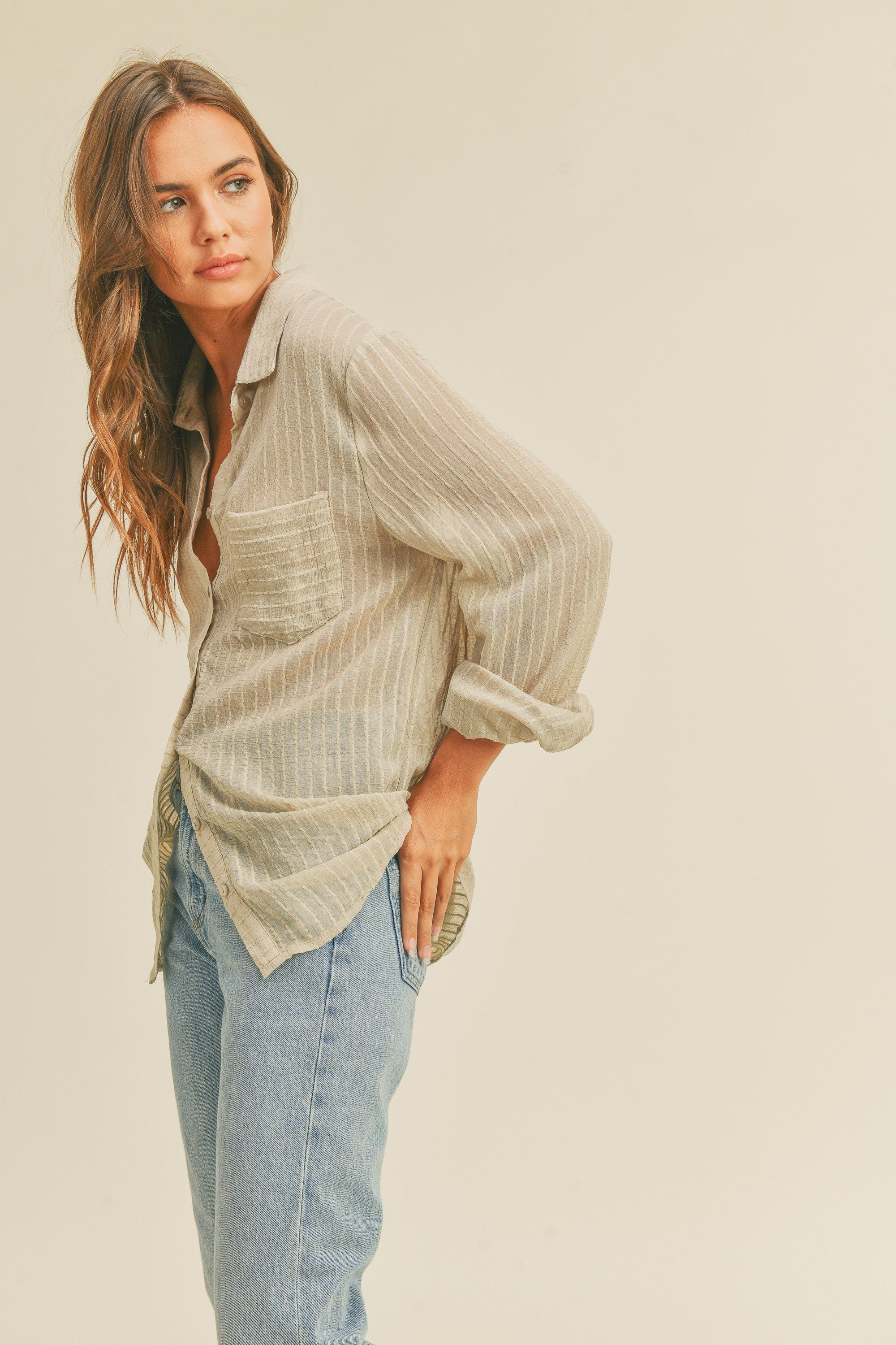 Light Olive Textured Stripe Collared Button-Down Long Sleeve Top sold by Pinkblush product image thumbnail 2