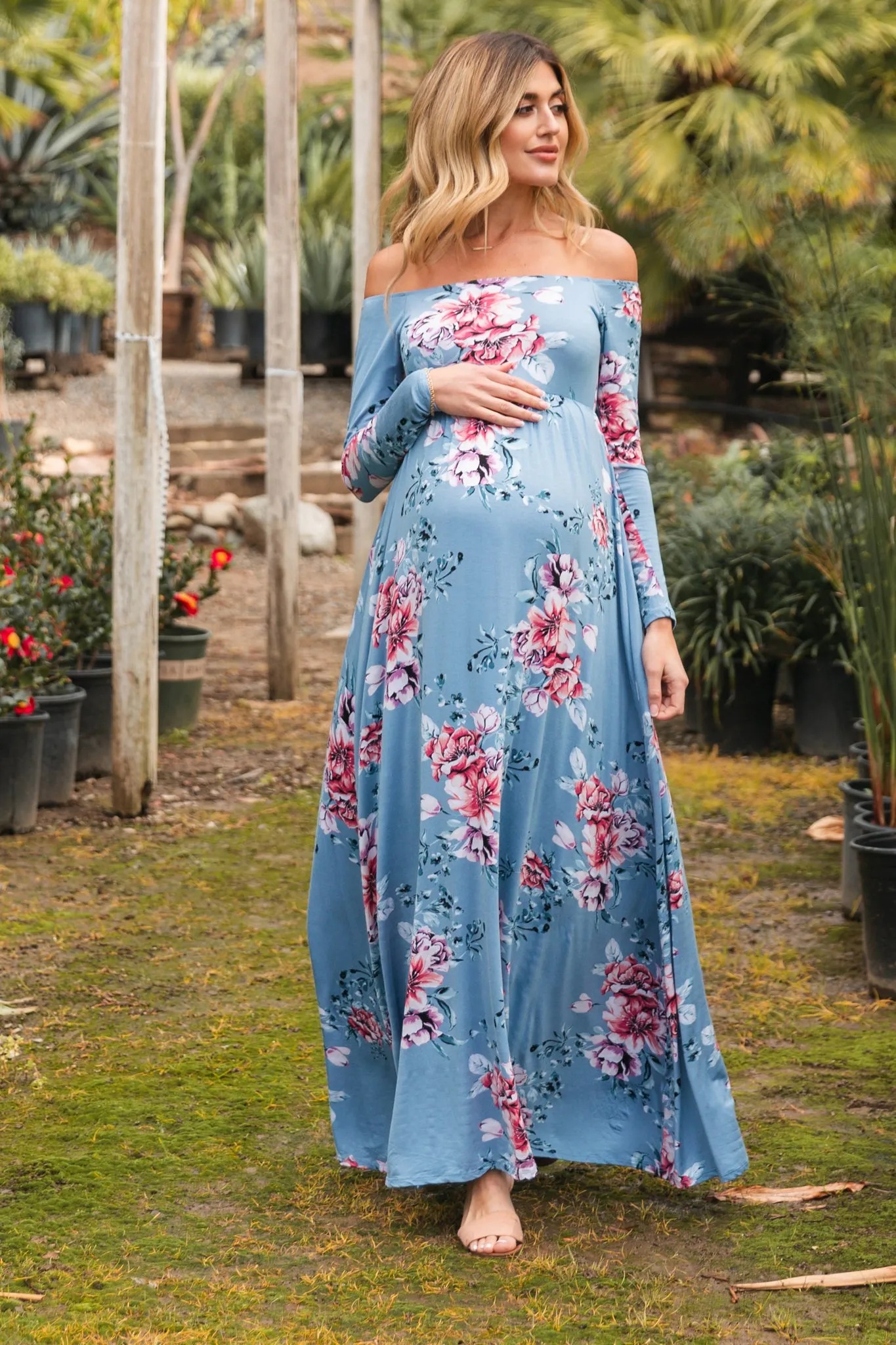 PinkBlush Light Blue Floral Off Shoulder Maternity Maxi Dress sold by Pinkblush product image thumbnail 5