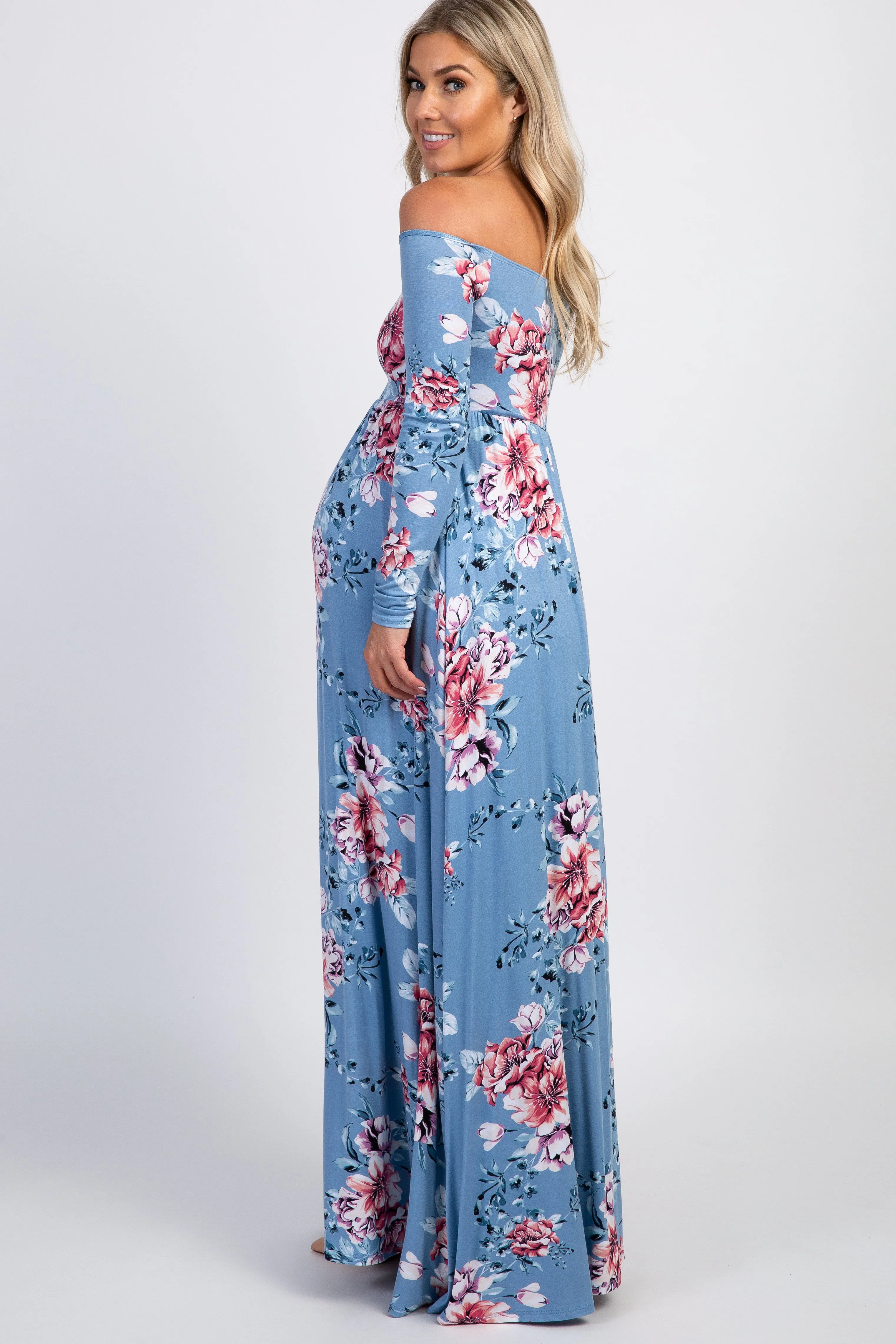PinkBlush Light Blue Floral Off Shoulder Maternity Maxi Dress sold by Pinkblush product image thumbnail 2