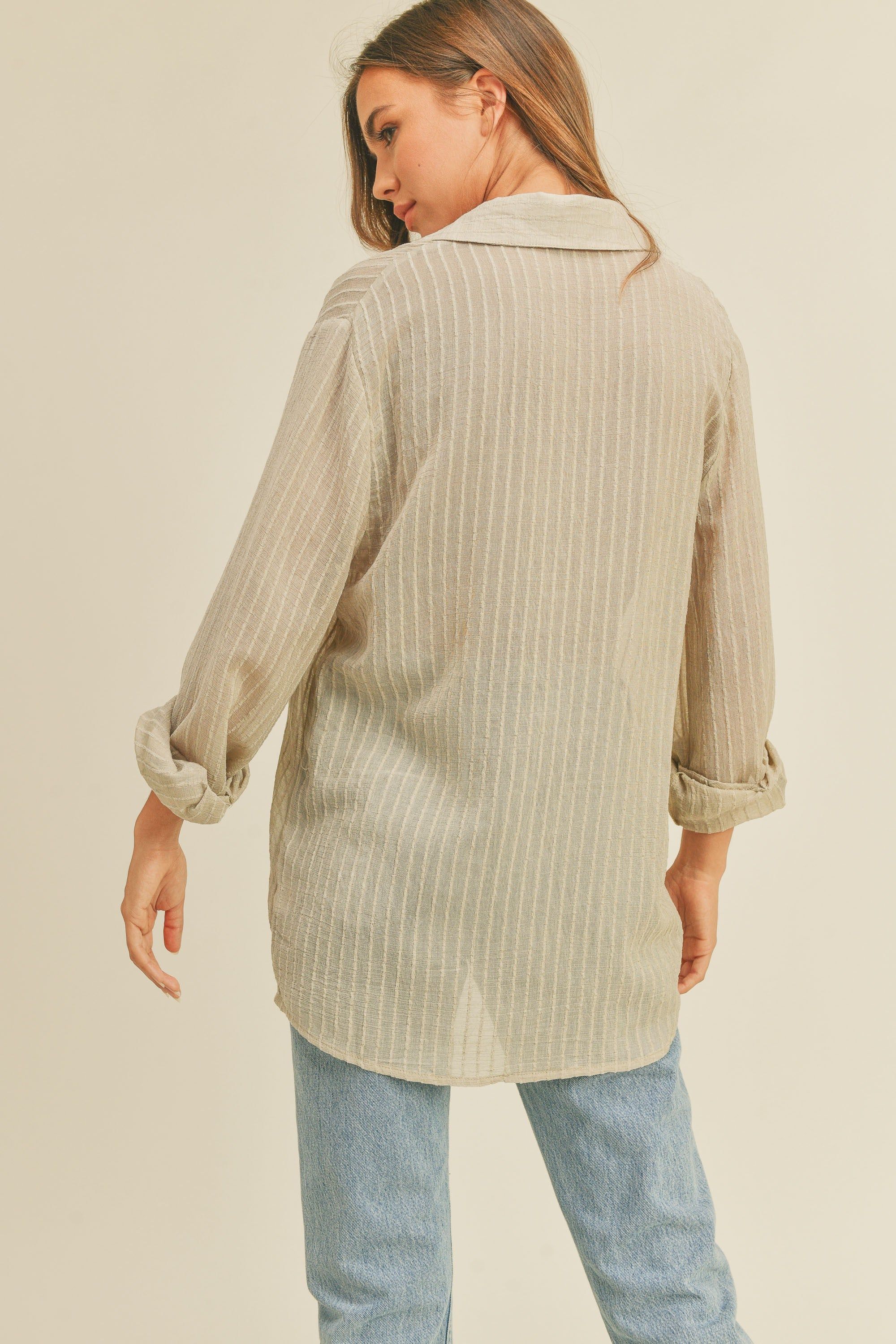 Light Olive Textured Stripe Collared Button-Down Long Sleeve Top sold by Pinkblush product image thumbnail 3