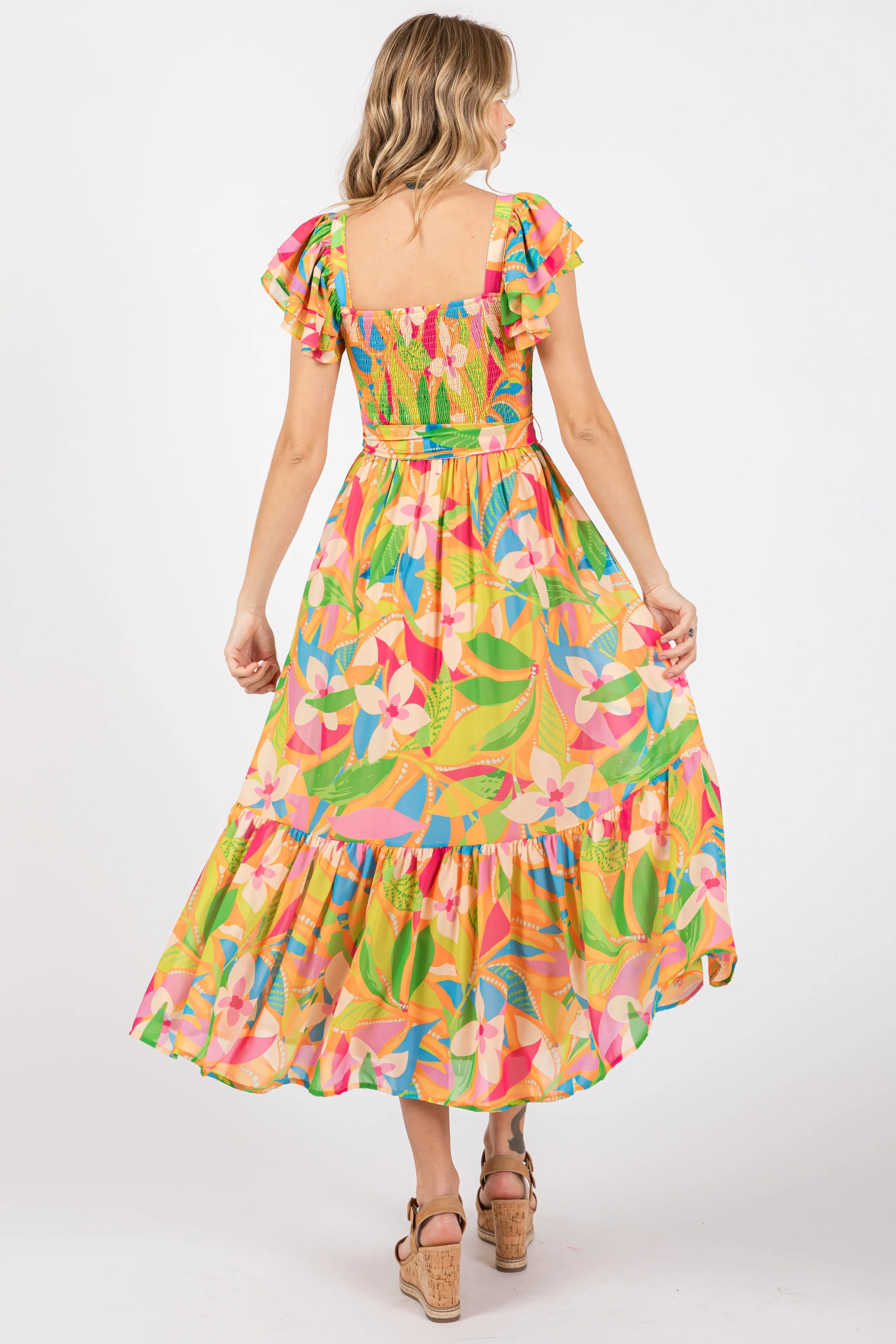 Orange Floral Print Flounce Sleeve Midi Dress sold by Pinkblush product image thumbnail 3