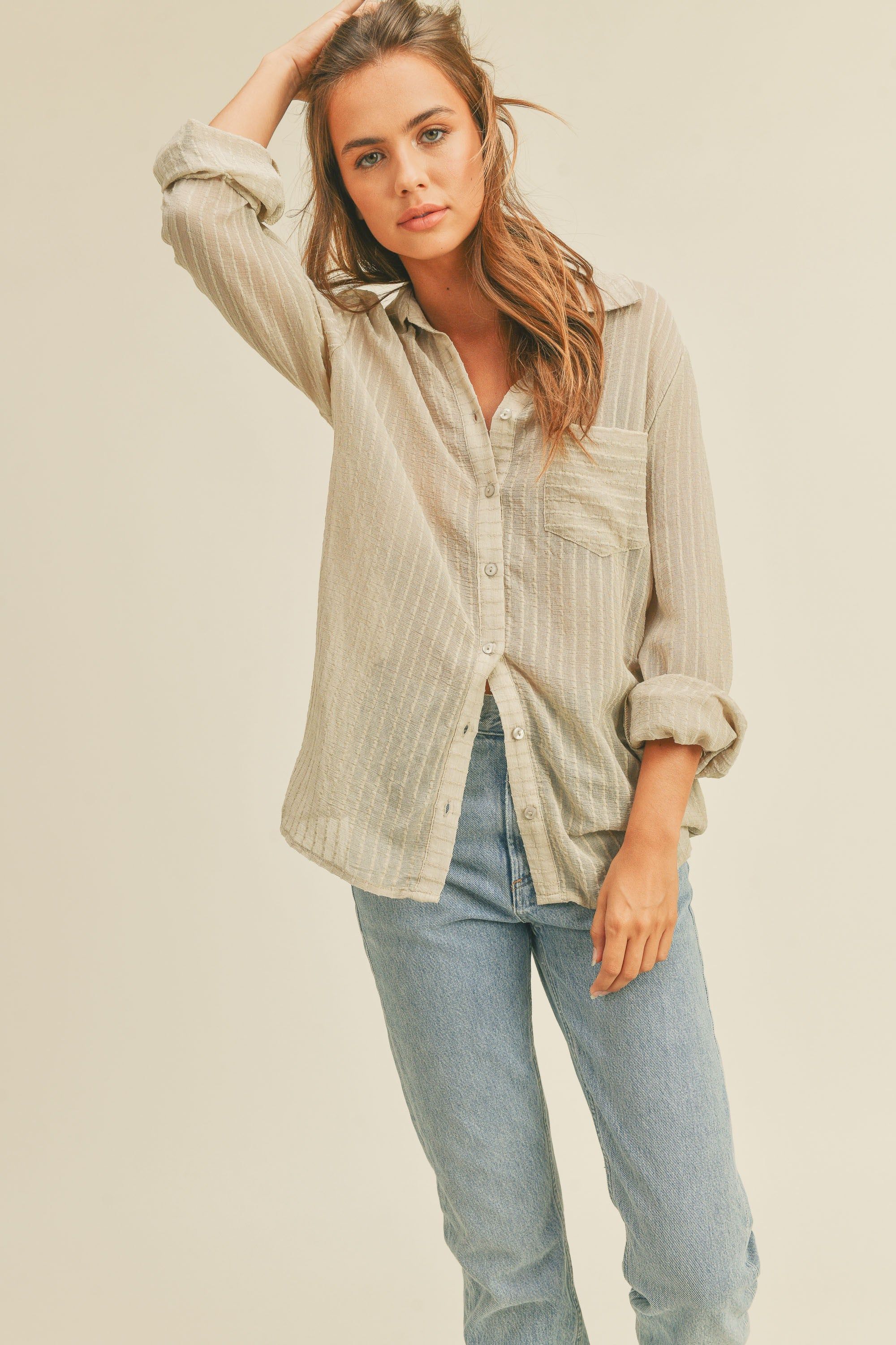 Light Olive Textured Stripe Collared Button-Down Long Sleeve Top sold by Pinkblush