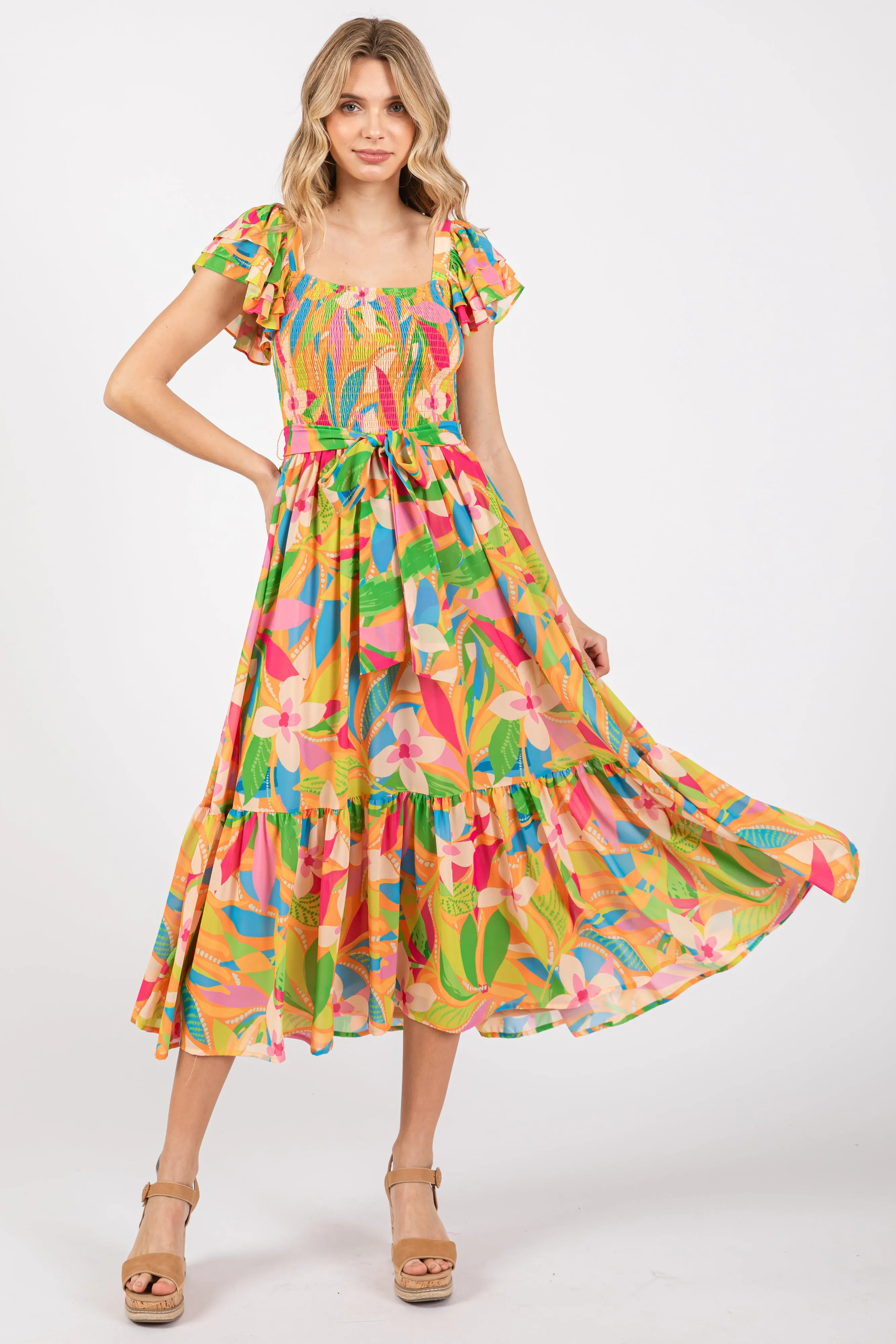 Orange Floral Print Flounce Sleeve Midi Dress sold by Pinkblush product image thumbnail 4