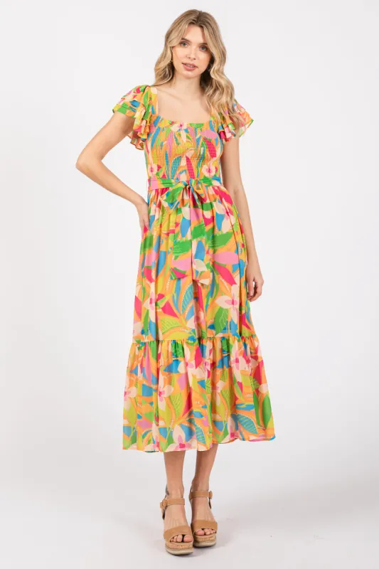 Orange Floral Print Flounce Sleeve Midi Dress sold by Pinkblush