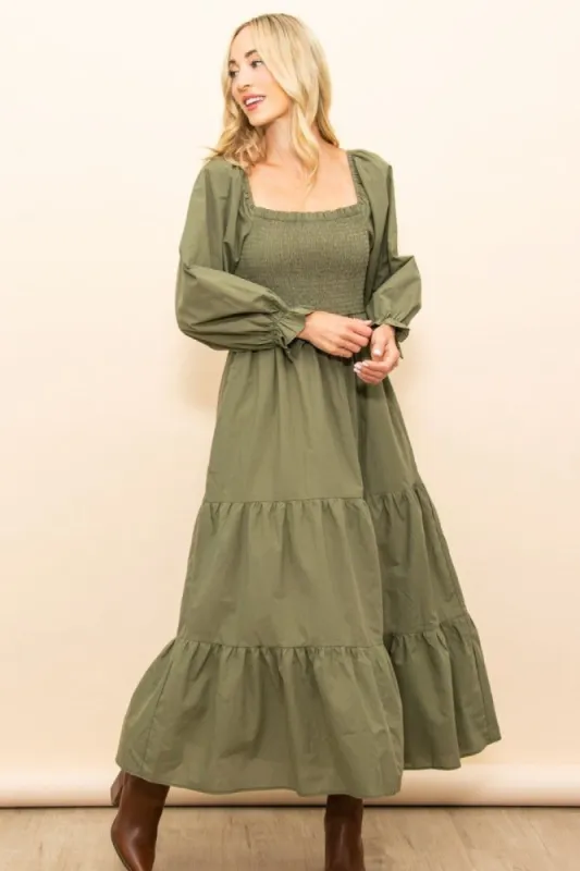 Olive Long Sleeve Smocked Chest Flattering Maxi Dress sold by Pinkblush