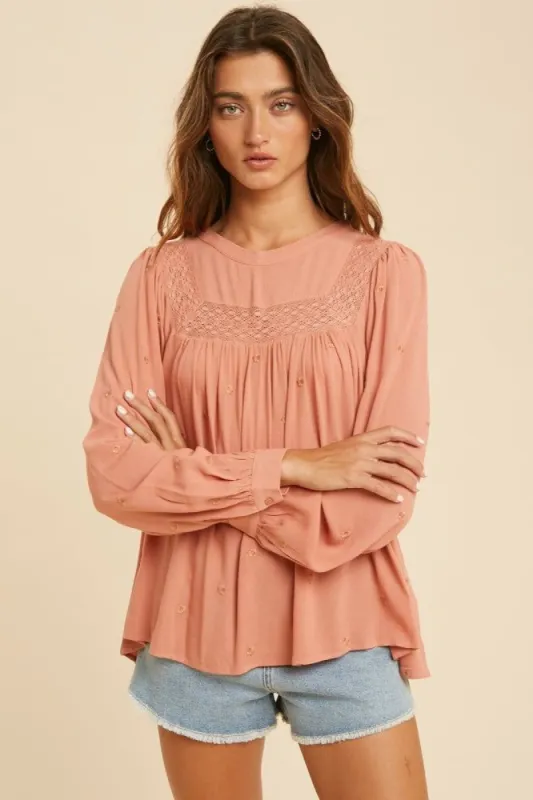 Dusty Ginger Lace Inlay Embroidered High Neck Blouse sold by Pinkblush