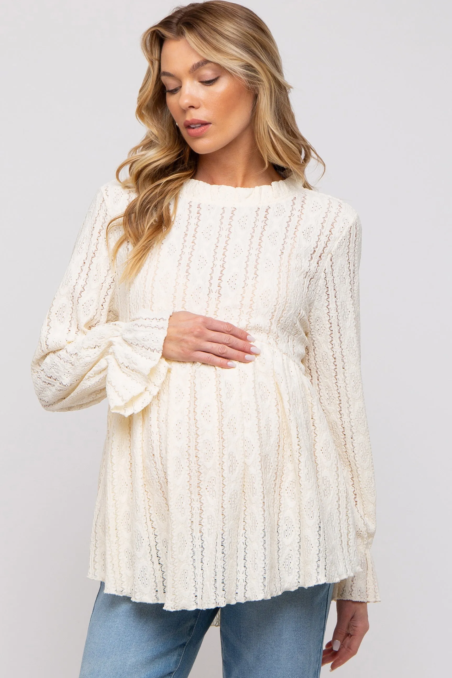 Ivory Lace Ruffled Neck Maternity Top sold by Pinkblush