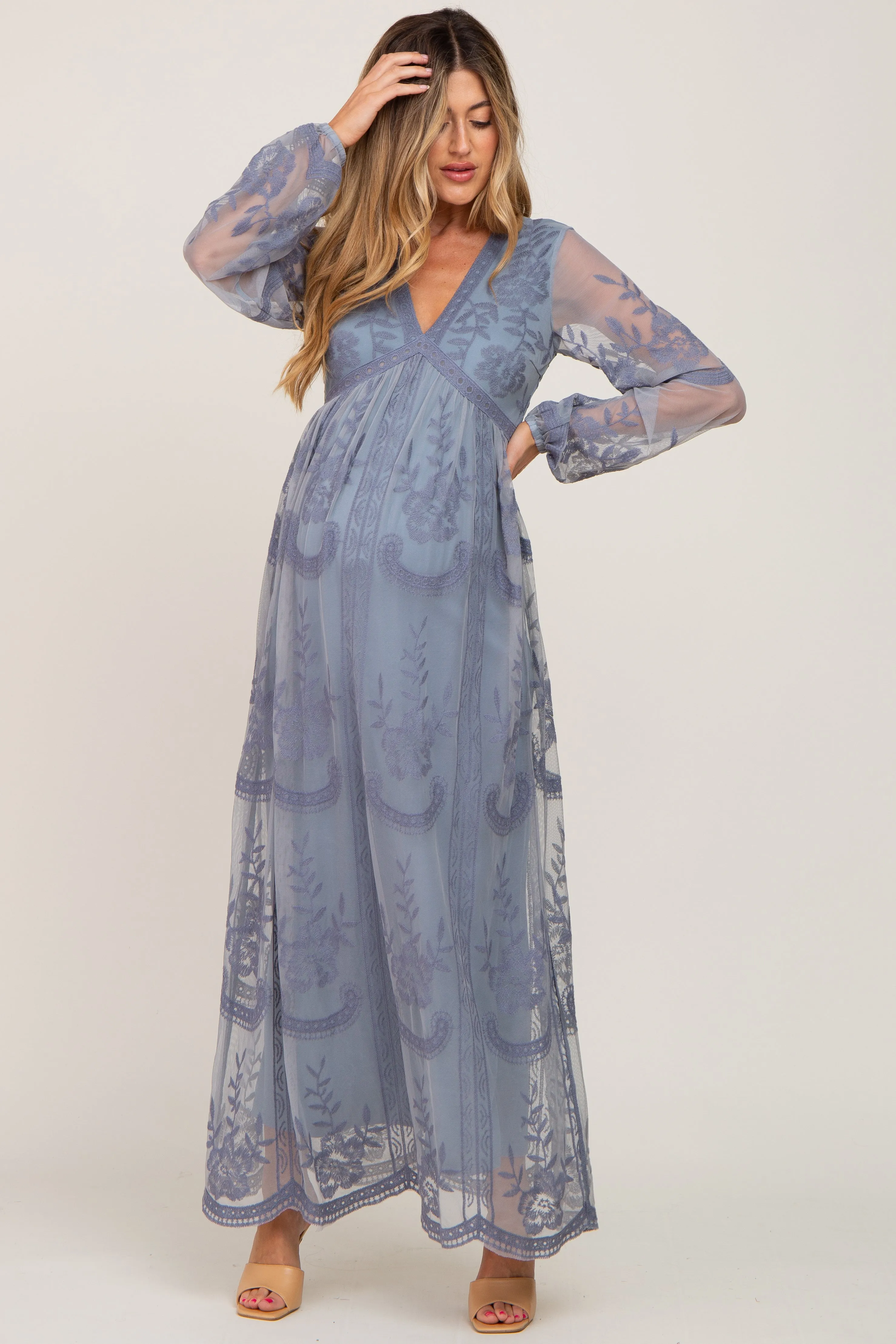 PinkBlush Blue Grey Lace Mesh Overlay Long Sleeve Maternity Maxi Dress sold by Pinkblush