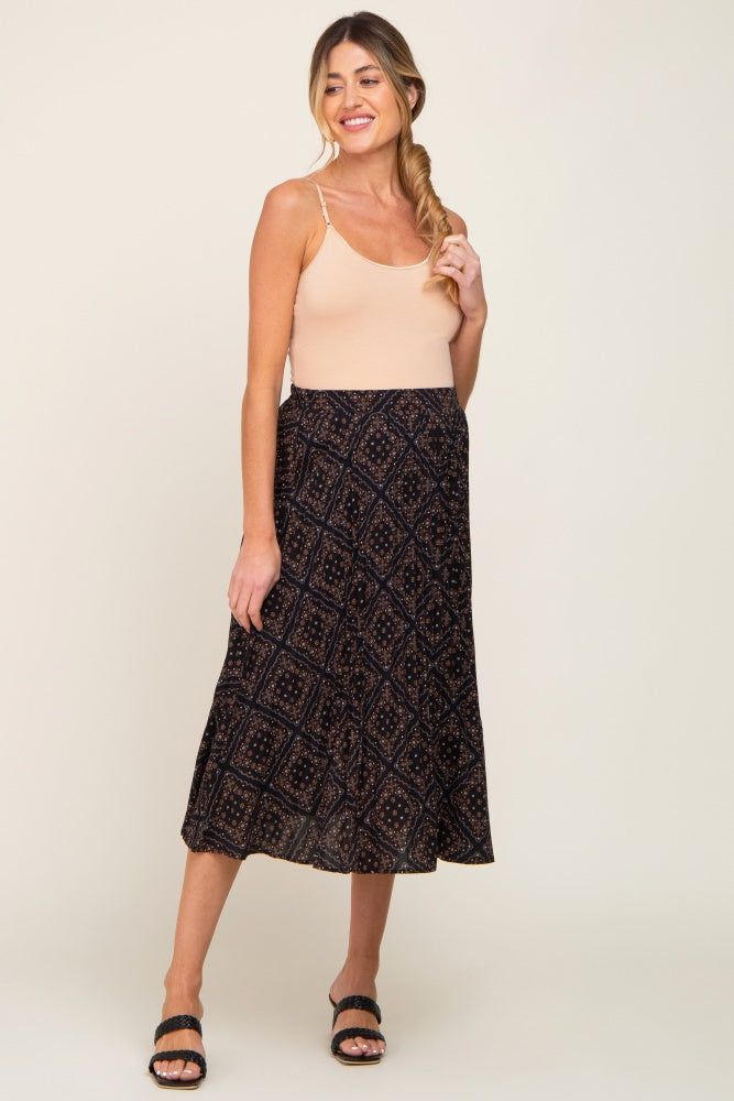 Black Printed Pleated Maternity Midi Skirt sold by Pinkblush