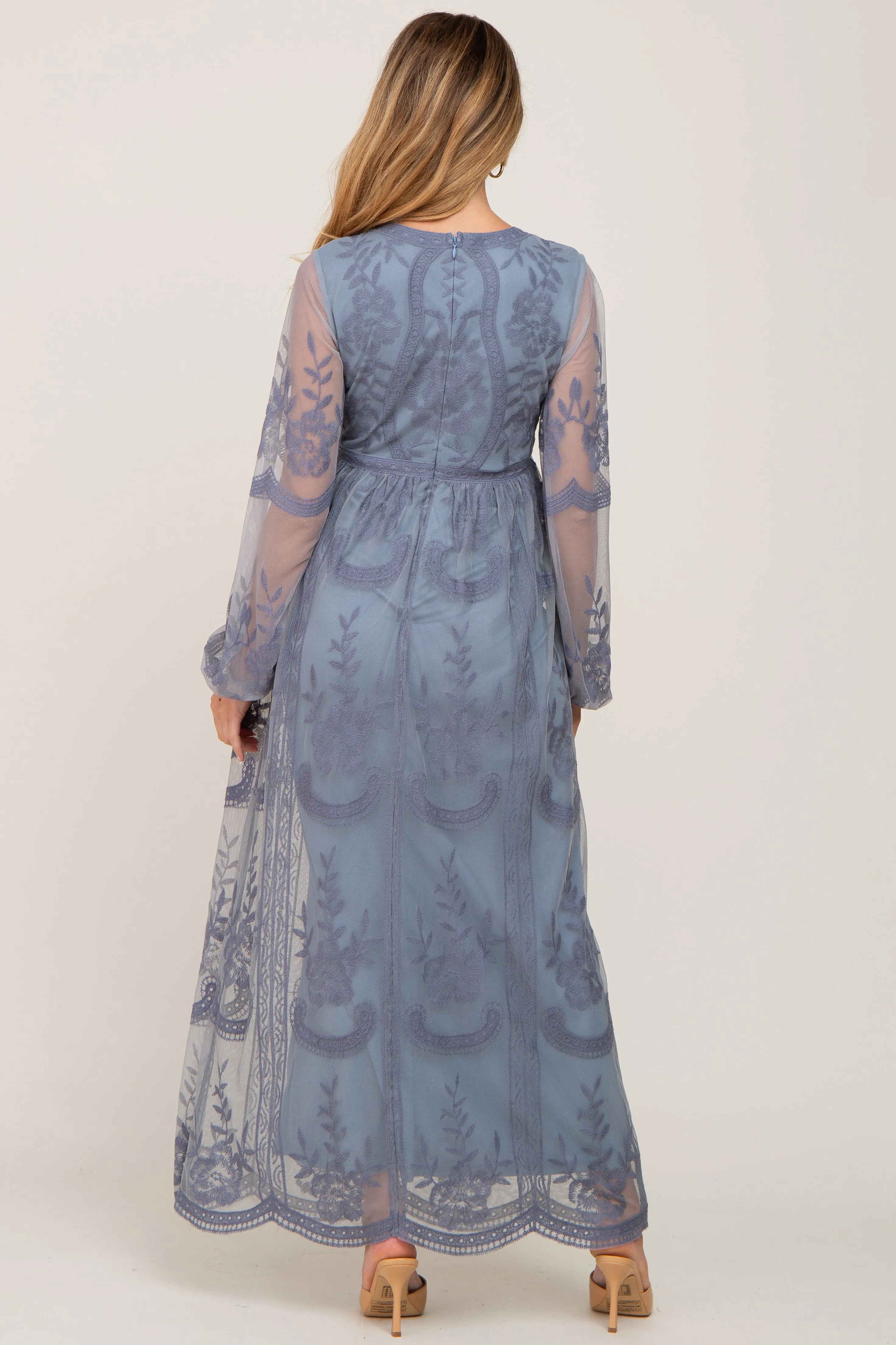 PinkBlush Blue Grey Lace Mesh Overlay Long Sleeve Maternity Maxi Dress sold by Pinkblush product image thumbnail 3