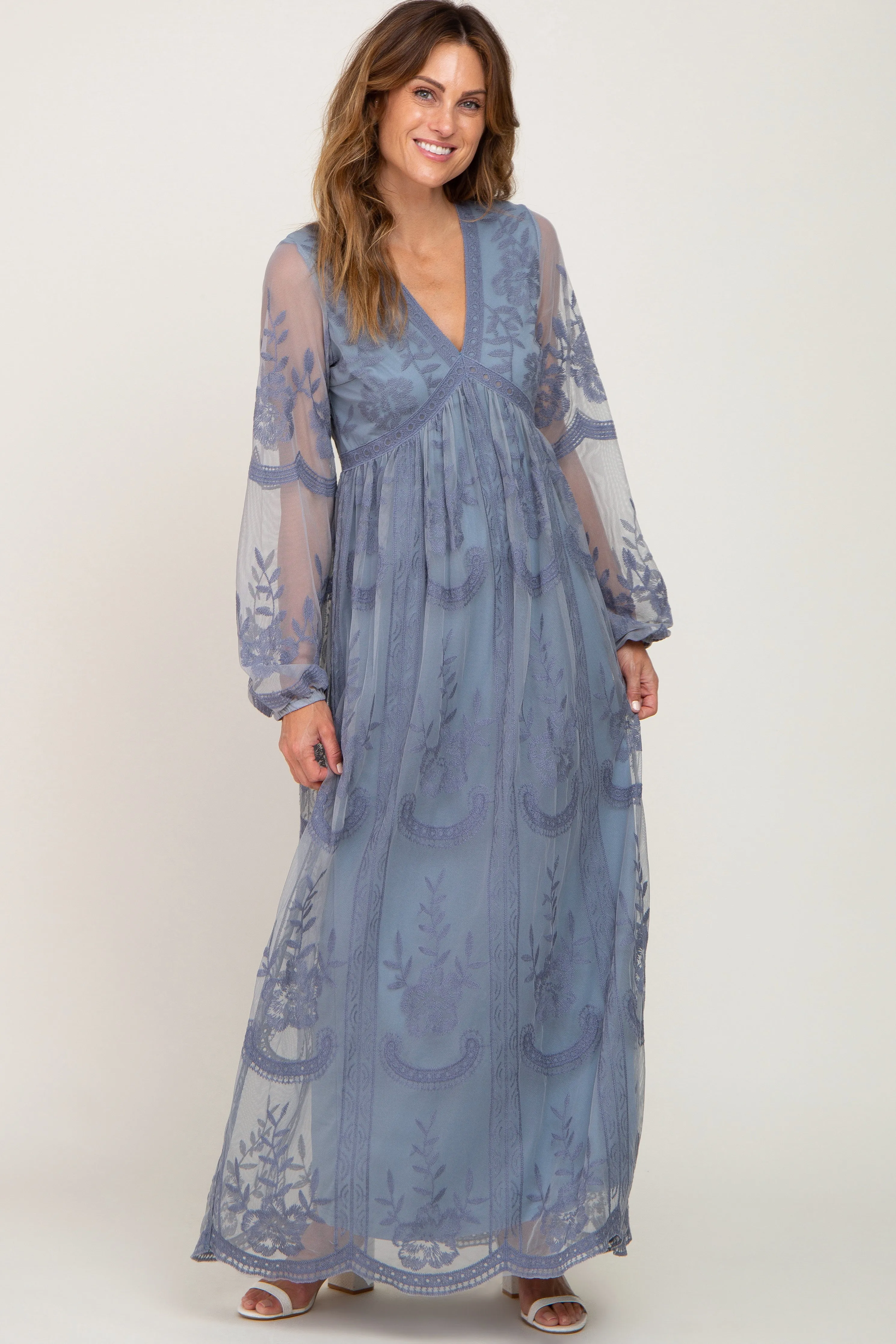 PinkBlush Blue Grey Lace Mesh Overlay Long Sleeve Maternity Maxi Dress sold by Pinkblush product image thumbnail 4
