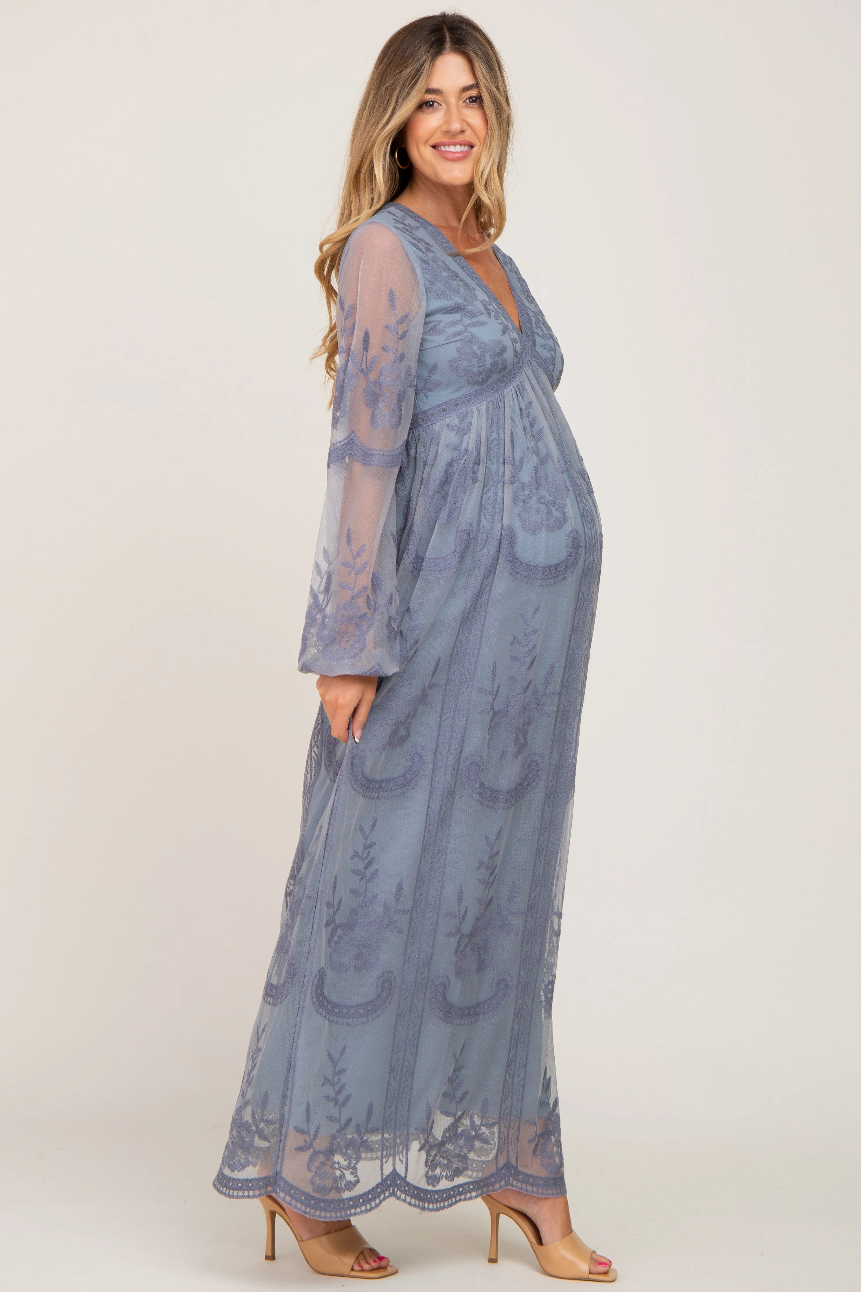 PinkBlush Blue Grey Lace Mesh Overlay Long Sleeve Maternity Maxi Dress sold by Pinkblush product image thumbnail 2