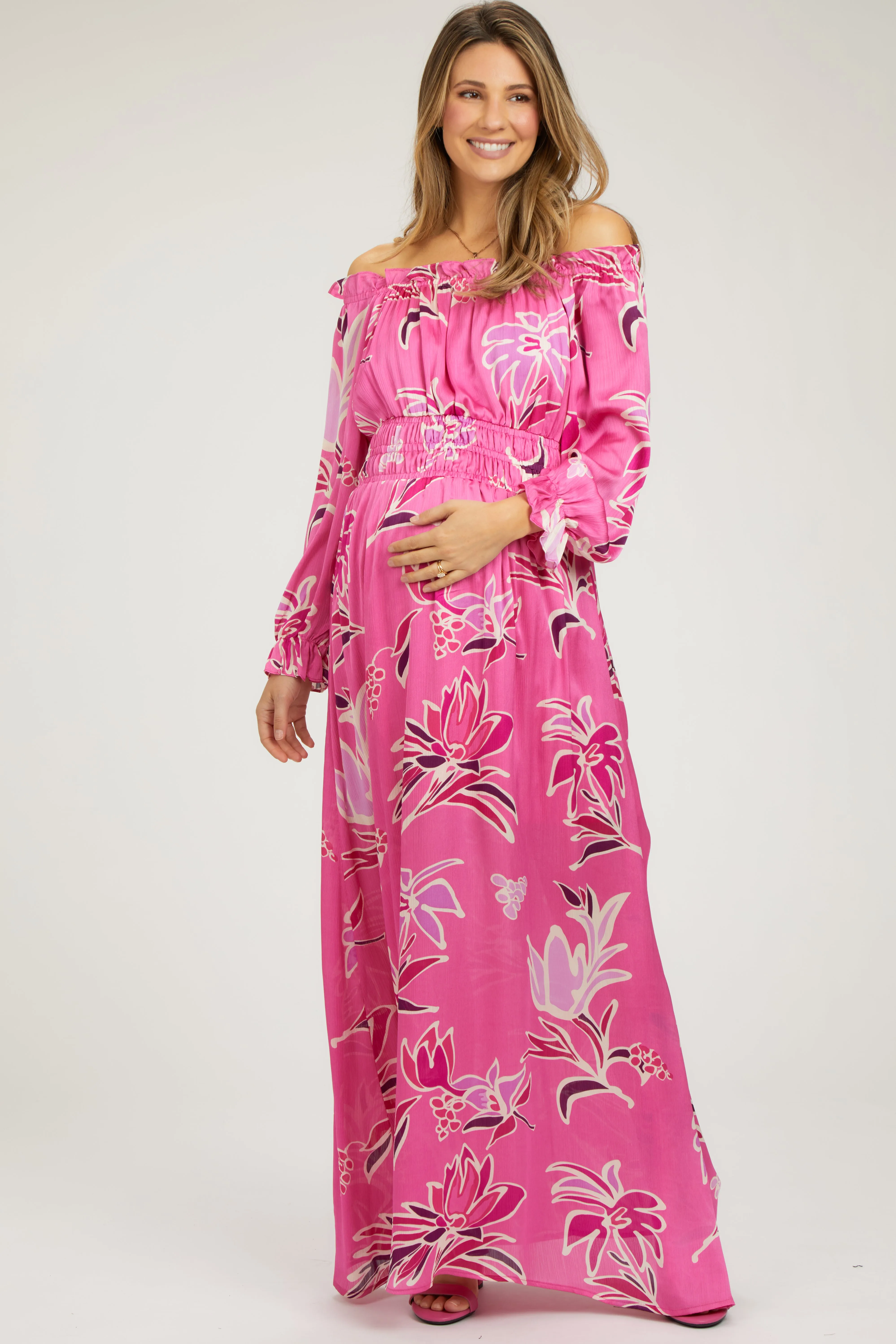 Fuchsia Floral Ruffle Neck Maternity Maxi Dress sold by Pinkblush product image thumbnail 2