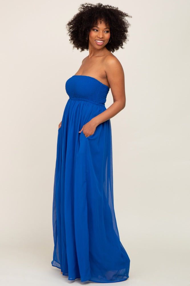 Royal Blue Smocked Strapless Wide Leg Jumpsuit sold by Pinkblush product image thumbnail 2