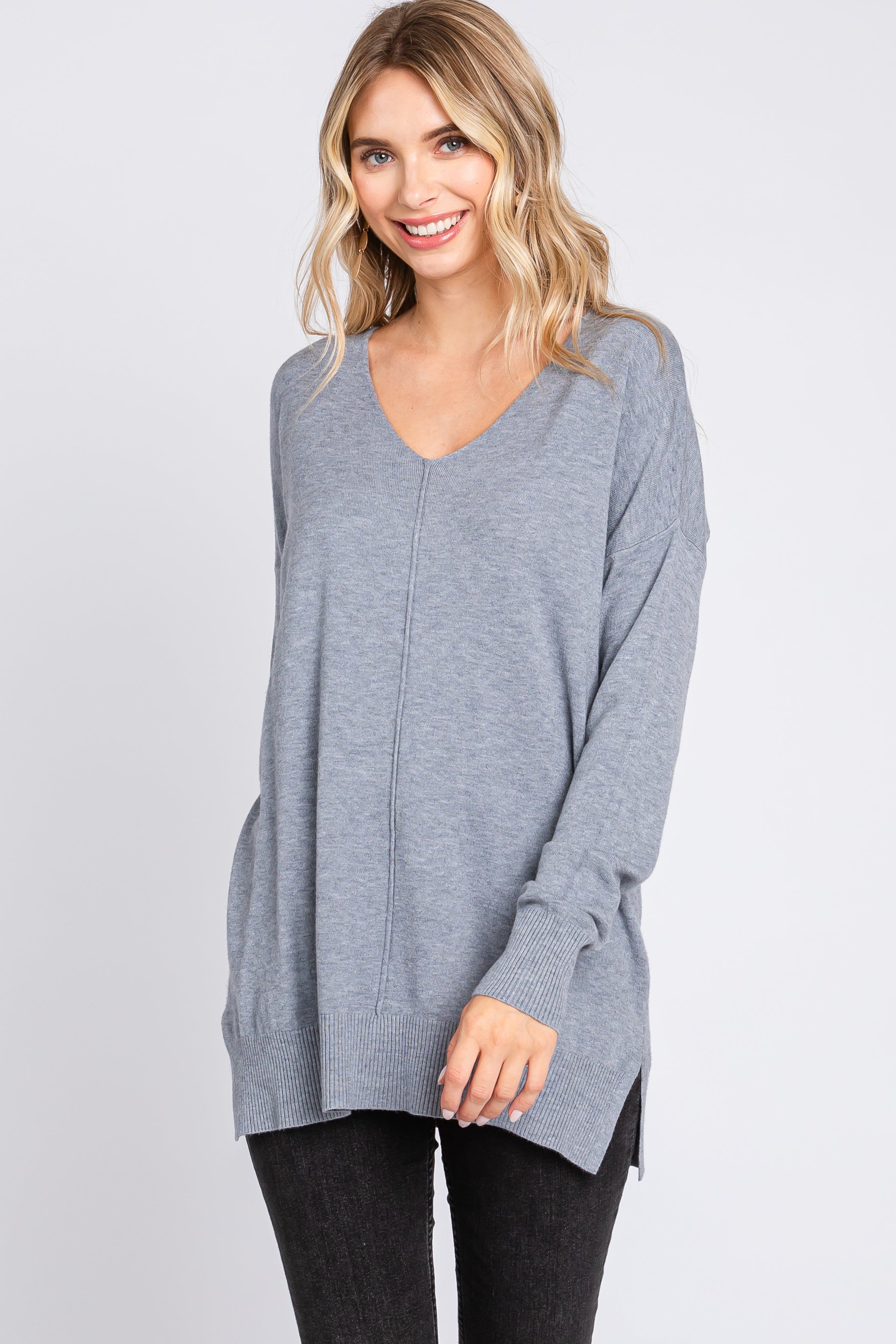 Heather Grey Long Sleeve Side Slit Sweater sold by Pinkblush