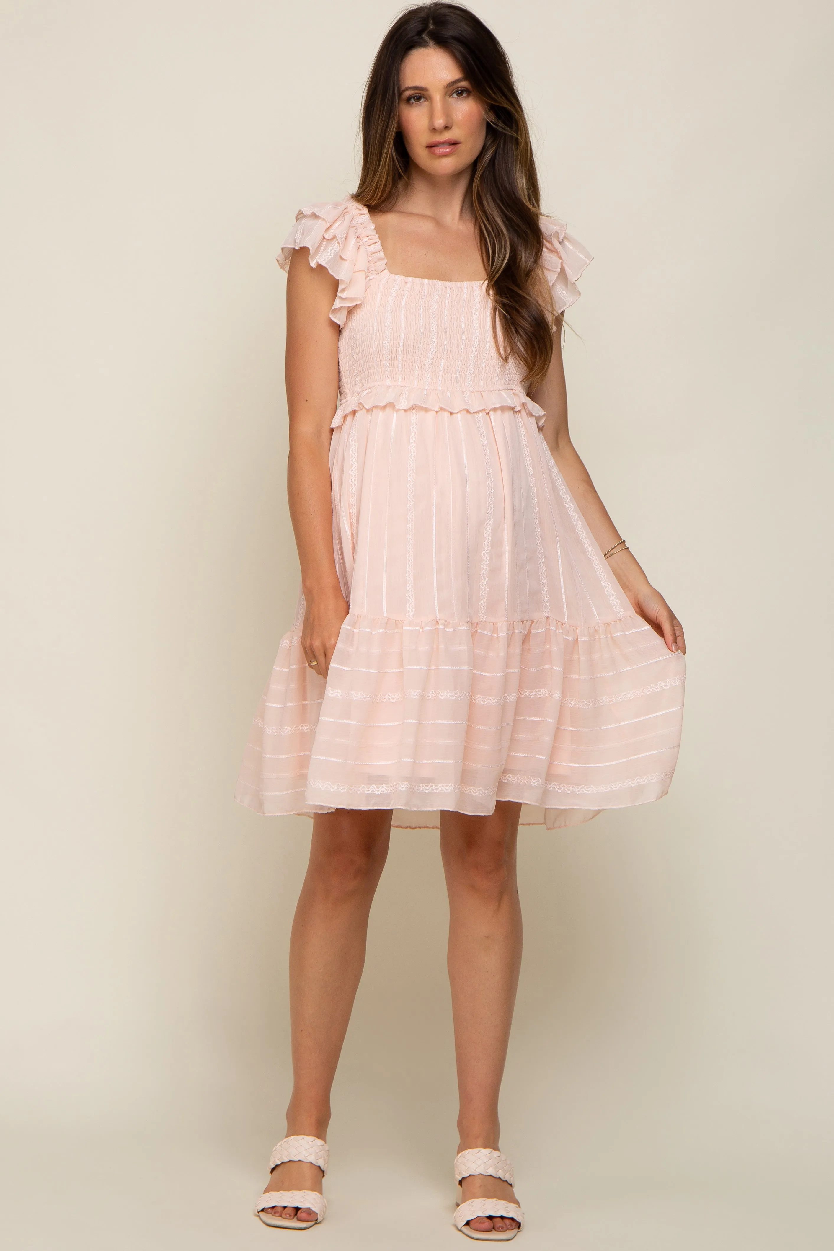 Light Pink Striped Trim Layered Flounce Sleeve Maternity Dress sold by Pinkblush product image thumbnail 4