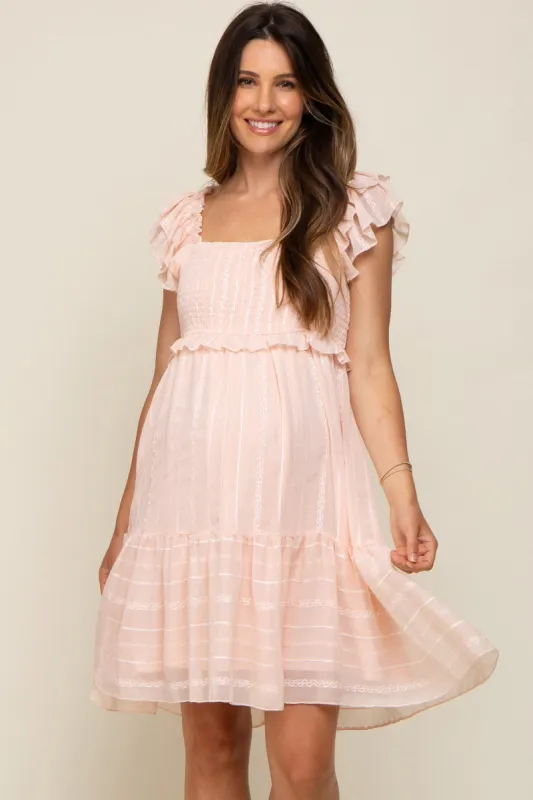 Light Pink Striped Trim Layered Flounce Sleeve Maternity Dress sold by Pinkblush