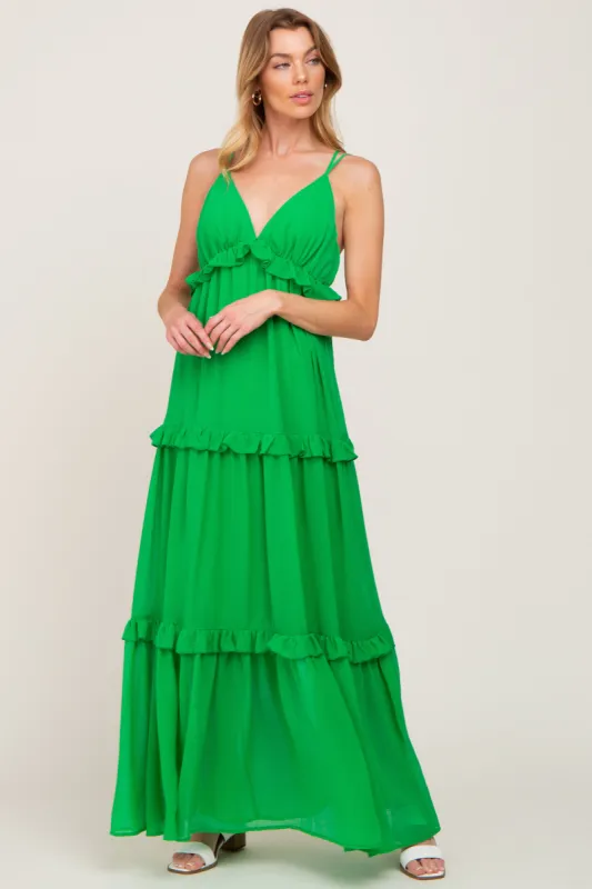 Green Ruffle Tier Cross Back Maxi Dress sold by Pinkblush