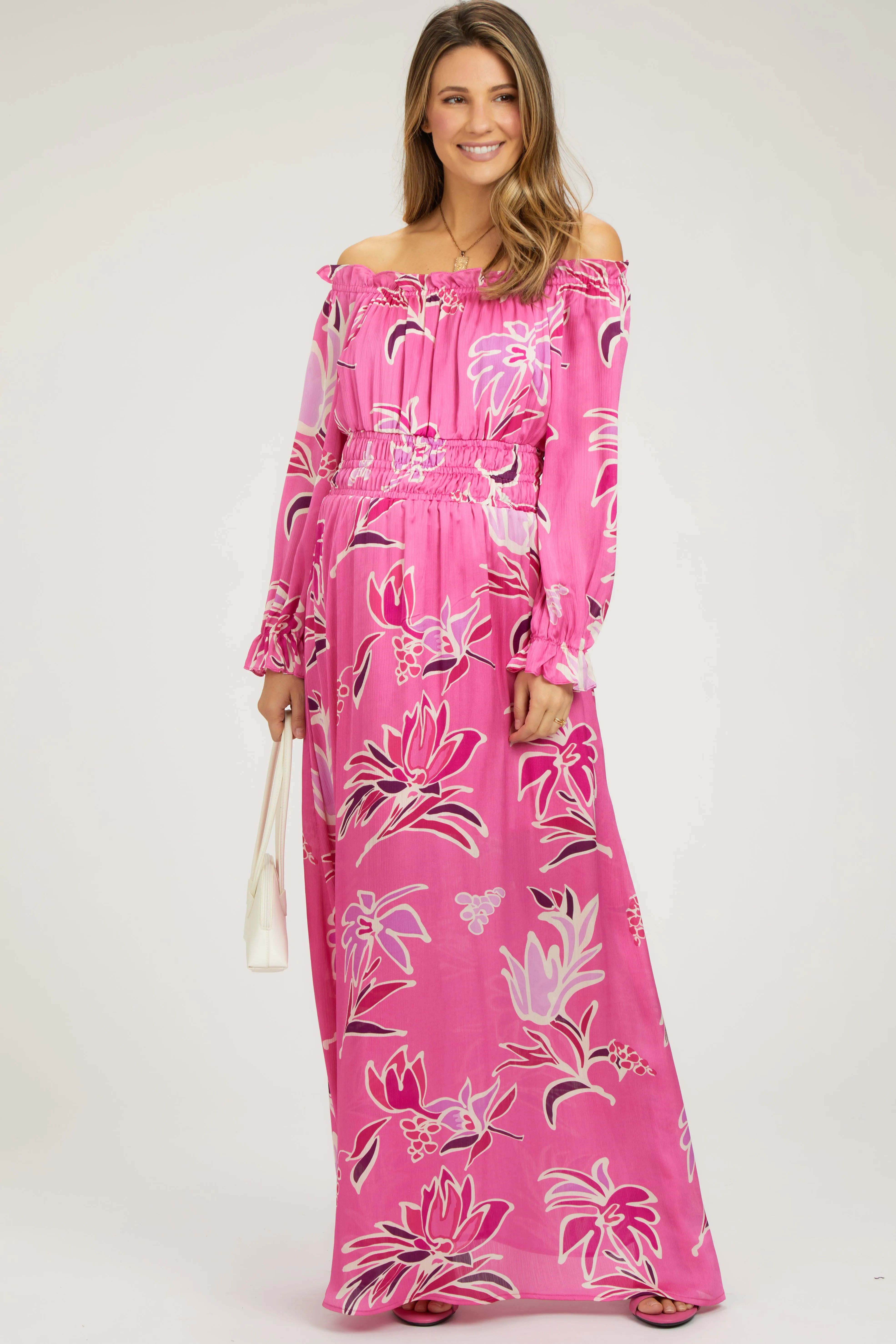 Fuchsia Floral Ruffle Neck Maternity Maxi Dress sold by Pinkblush