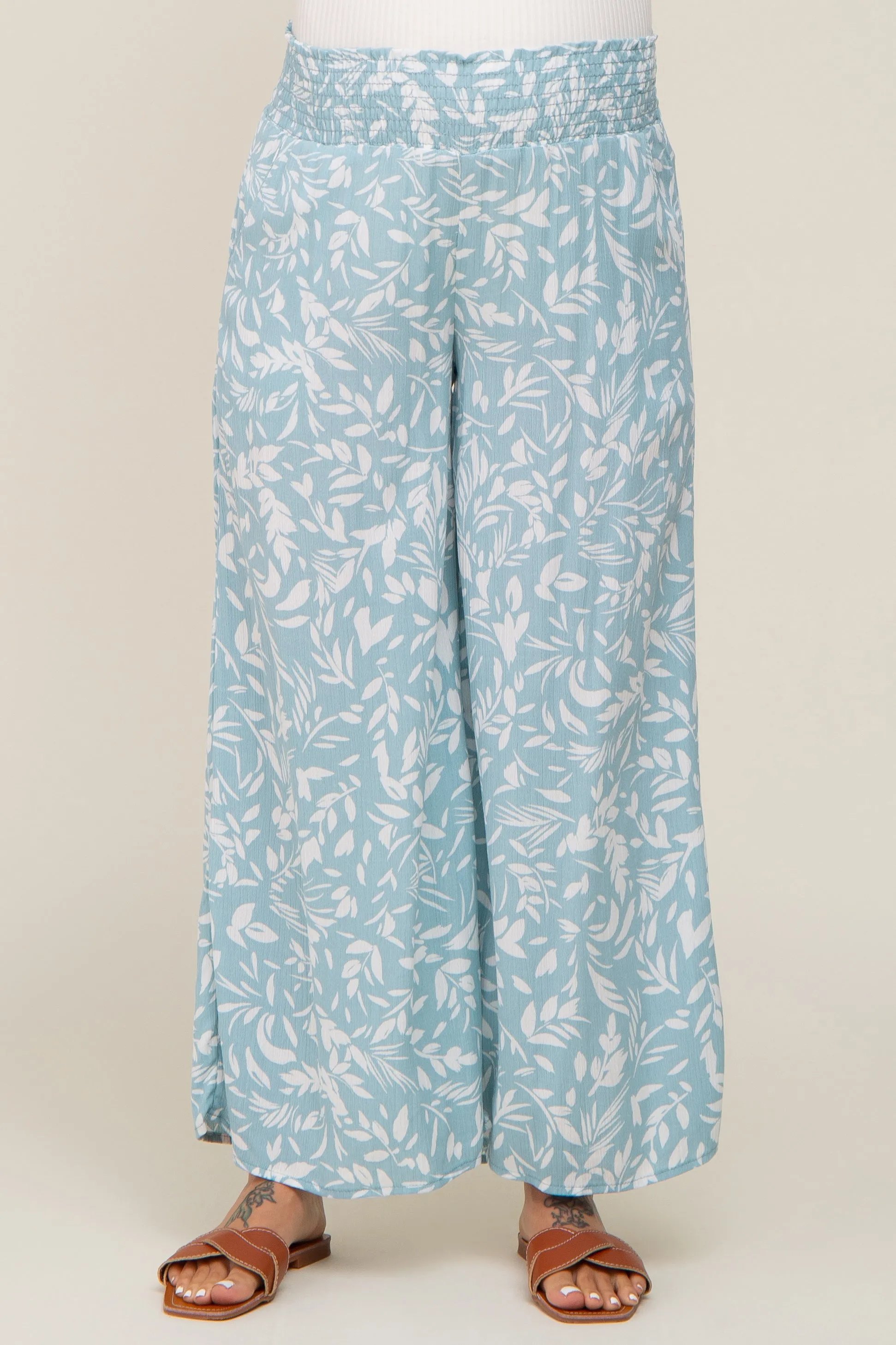 Light Blue Leaf Print Wide Leg Maternity Pants sold by Pinkblush product image thumbnail 2