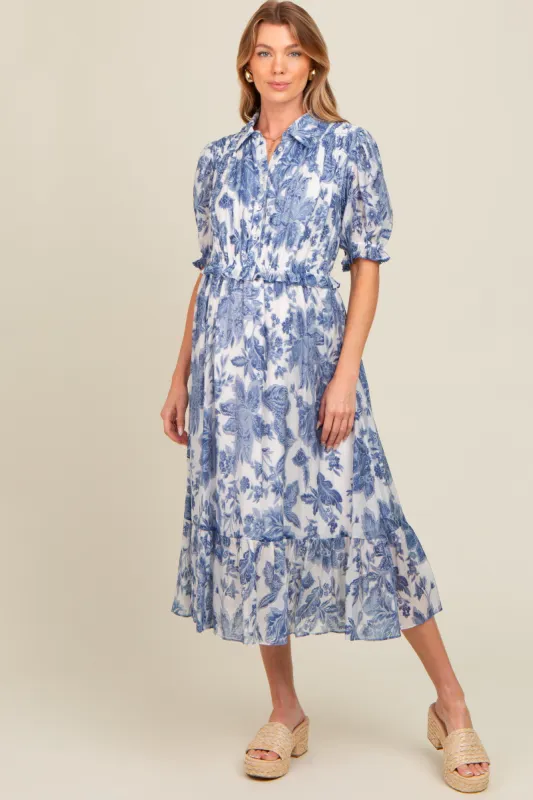 Blue Floral Ruffle Accent Button Up Maternity Midi Dress sold by Pinkblush