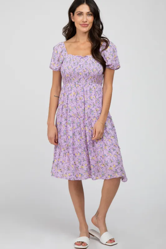 Lavender Smocked Button Accent Dress sold by Pinkblush