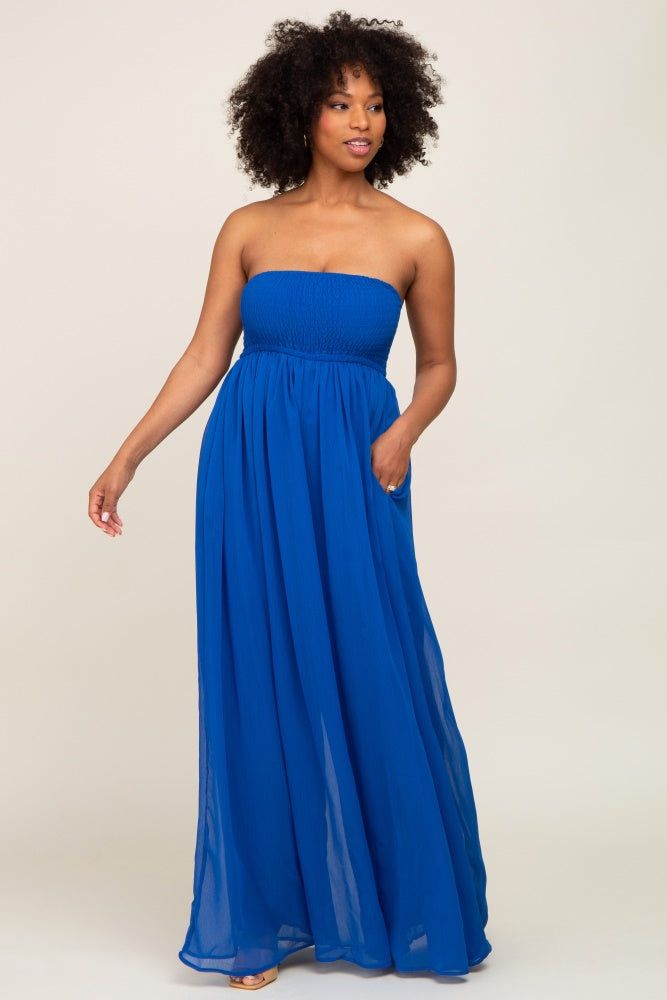 Royal Blue Smocked Strapless Wide Leg Jumpsuit sold by Pinkblush product image thumbnail 4
