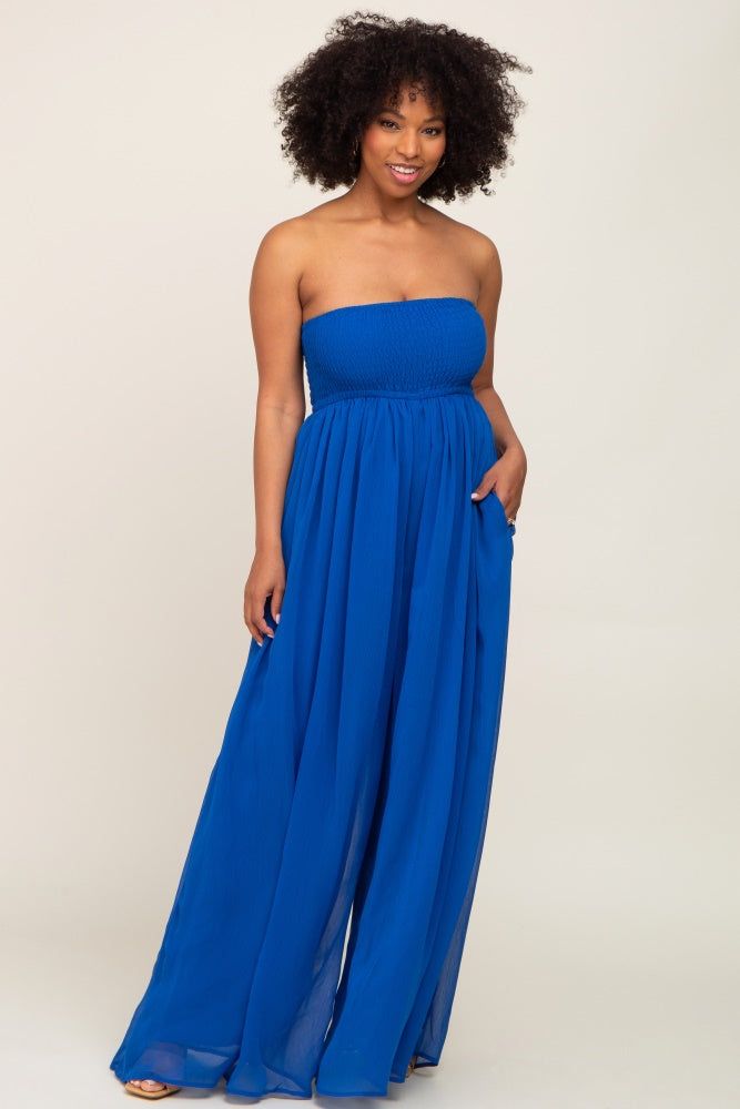 Royal Blue Smocked Strapless Wide Leg Jumpsuit sold by Pinkblush